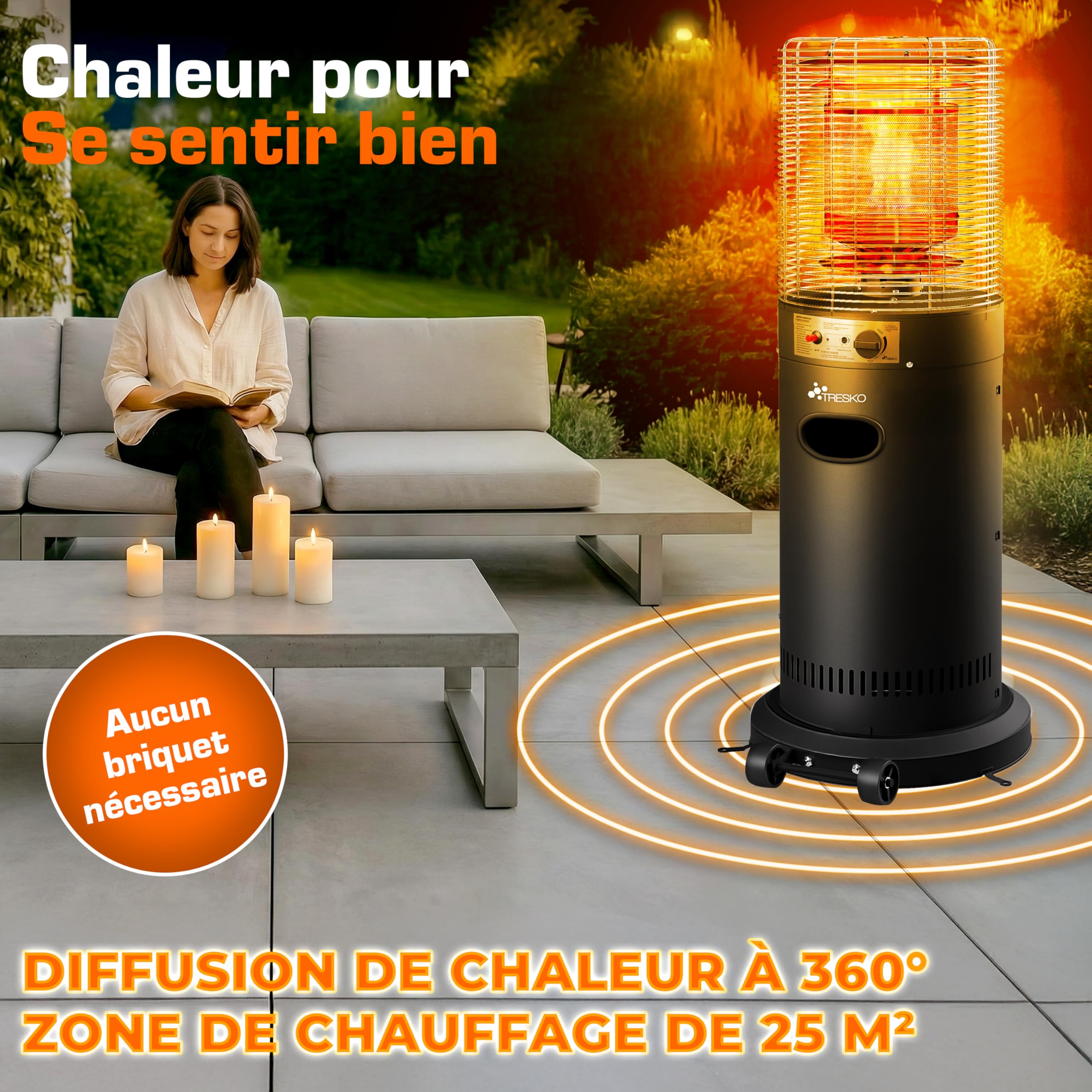 TRESKO Chauffage de terrasse à gaz 11kW + roulettes, pour bouteilles 5 & 11kg | Chauffage extérieur puissant pour terrasse, balcon, jardin, camping | Parasol chauffant avec tuyau et détendeur (Noir)