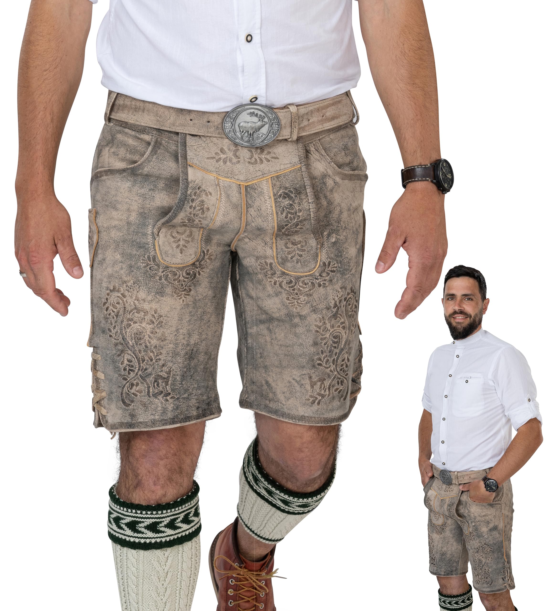 Schöneberger Trachten Couture Herren Lederhose kurz, Original Nubuk-Leder Trachtenhose für Oktoberfest, Trachtenlederhose gespeckt
