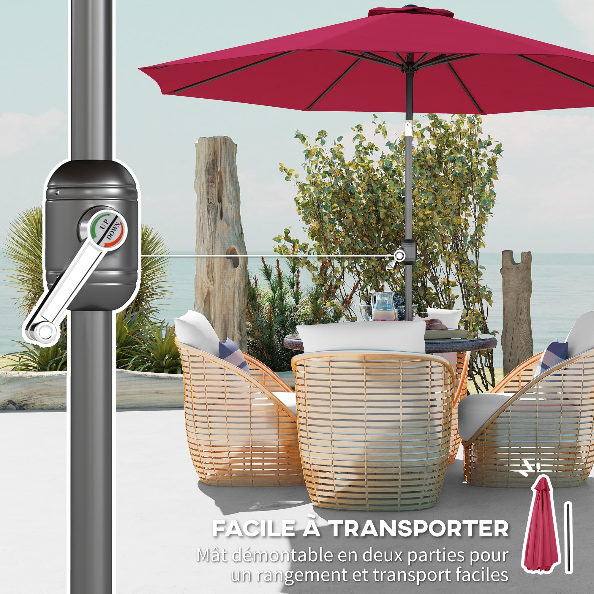 Outsunny Parasol de jardin extérieur Parasol droit inclinable Ø 3 m en métal Rond Polyester 180g/m² manivelle inclinable Bordeaux