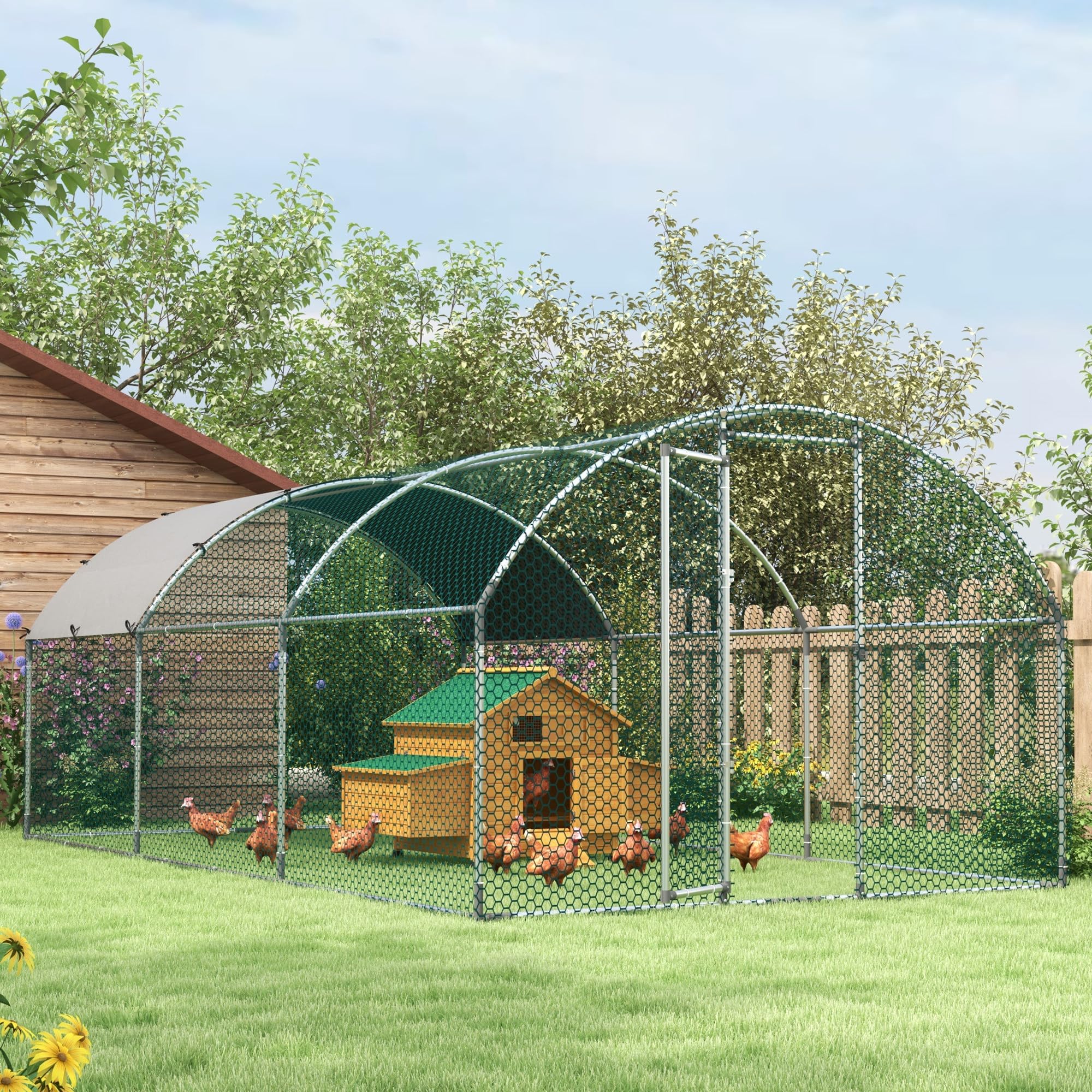 PawHut - Gallinero de madera para 4 gallinas, jaula para gallinas, tejado impermeable y abrasador, cajón extraíble, gallinero exterior para animales pequeños, 150 x 100 x 96,5 cm, color amarillo
