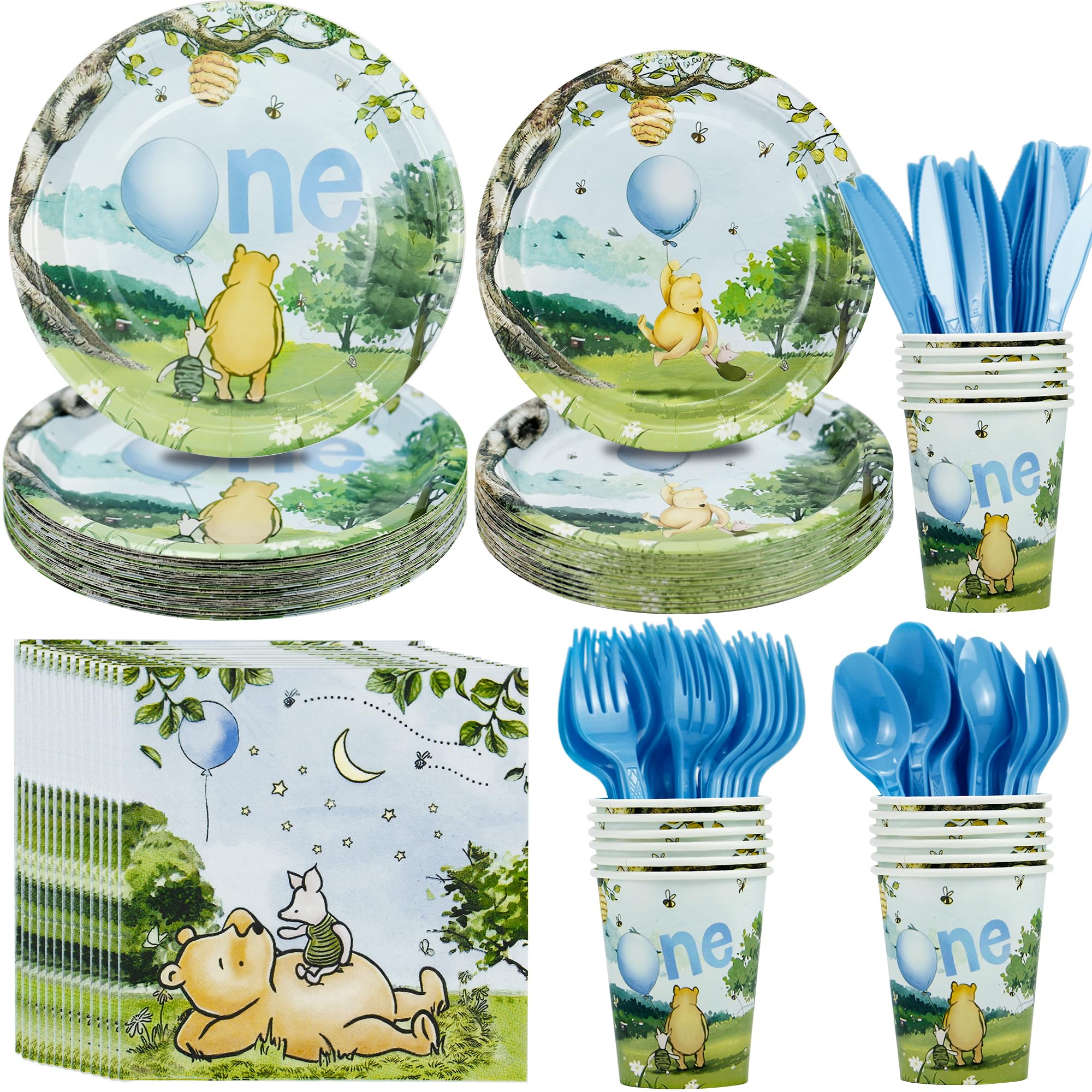 HIPEEWO Winnie 1st Birthday Decorations - Boy's First Birthday Party Supplies, Tableware Set for 24, Includes Plate, Napkin, Cup, Cutlery, Bear Party
