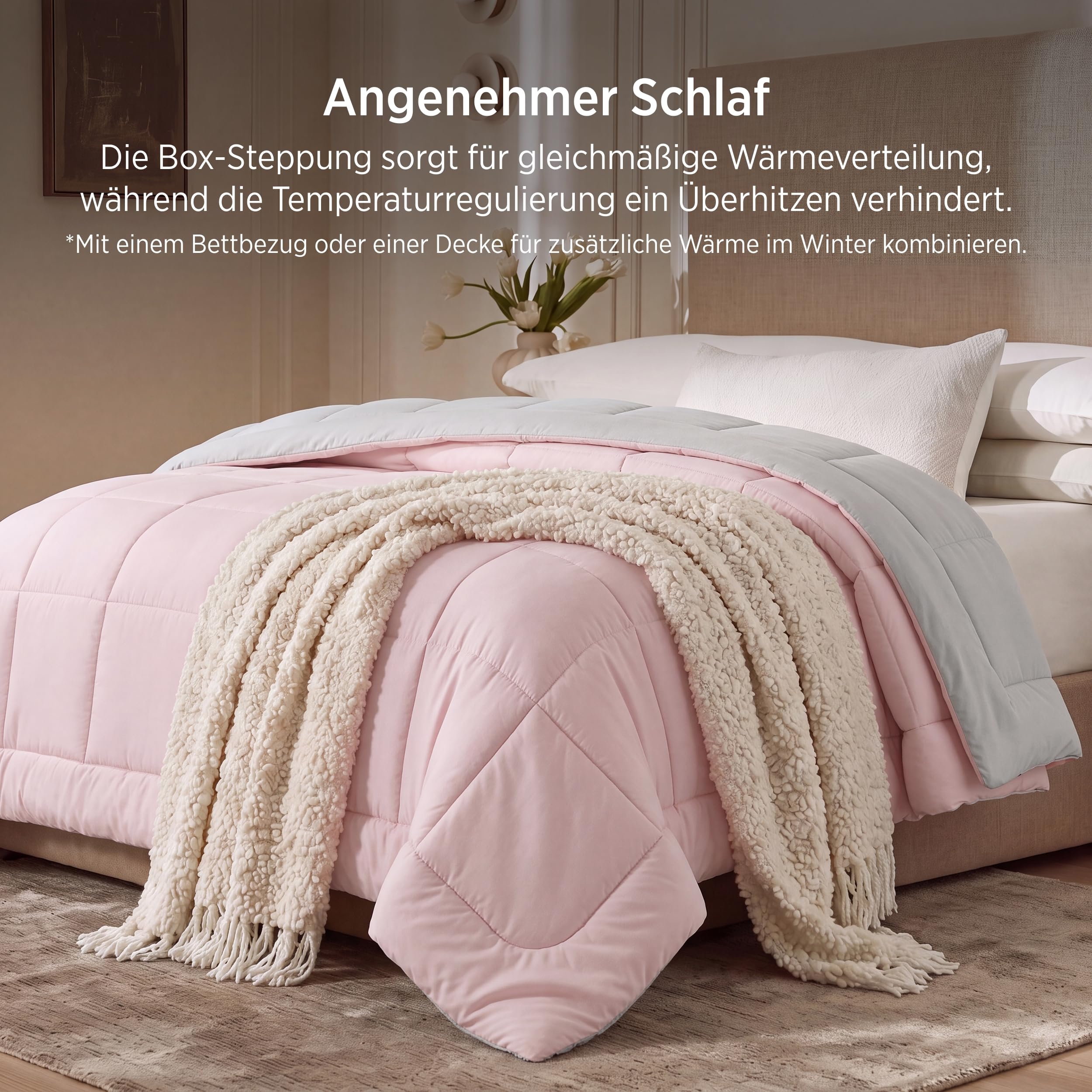 BEDSURE Bettdecke Ohne Bezug 155x220 - Bettdecke mit Integriertem Bezug | Bettdecke 155x220 für Allergiker Waschbare 4 Jahreszeiten Bettdecken Oeko Ganzjahresdecke Warm & Gemütlich, Pinkesque/Grau