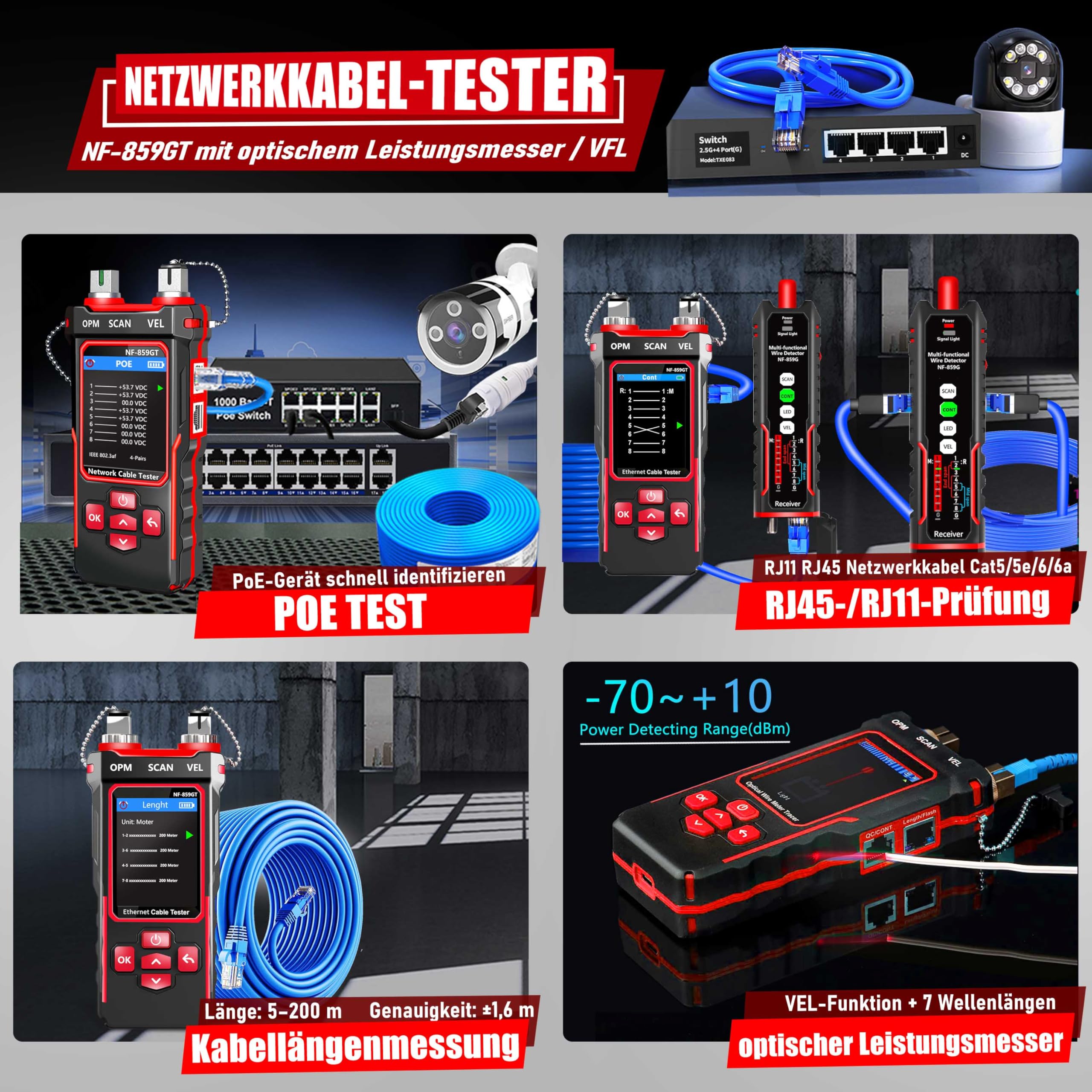 Netzwerk-Kabeltester mit optischem Leistungsmesser für RJ45,RJ11,CAT5,CAT6 | Telefonleitungen, CAT3, LAN-Tonprüfer-Kit,Ethernet-Kabeltester,Glasfasertester, VFL,PoE,QC-Test, Kabelsucher NF-859GT YILTION