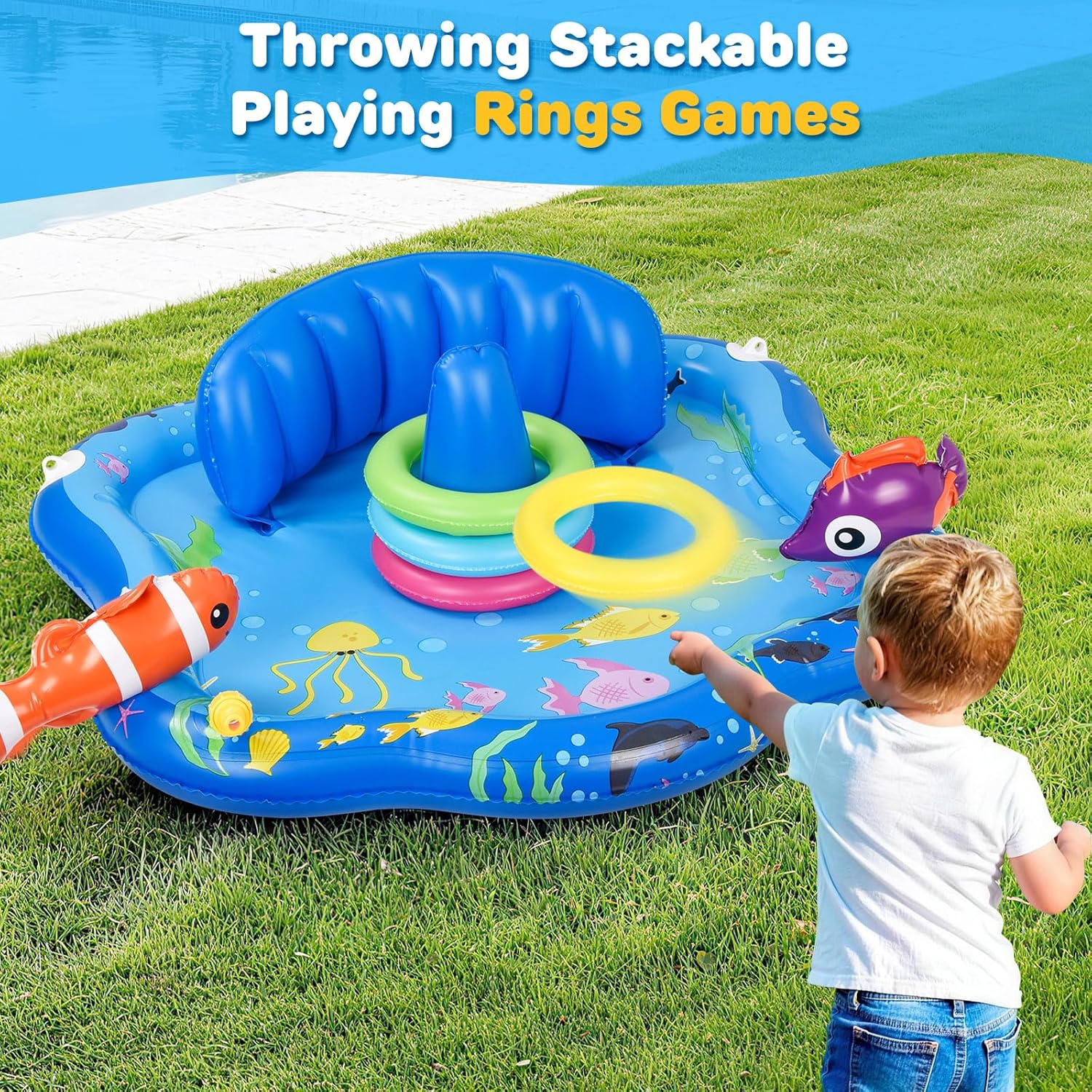 Inflatable Baby Pool Float with Canopy & Backrest, Baby Splash Pad with Stackable Rings Game, Baby Splash Mat for Garden, Beach and Backyard (Blue)