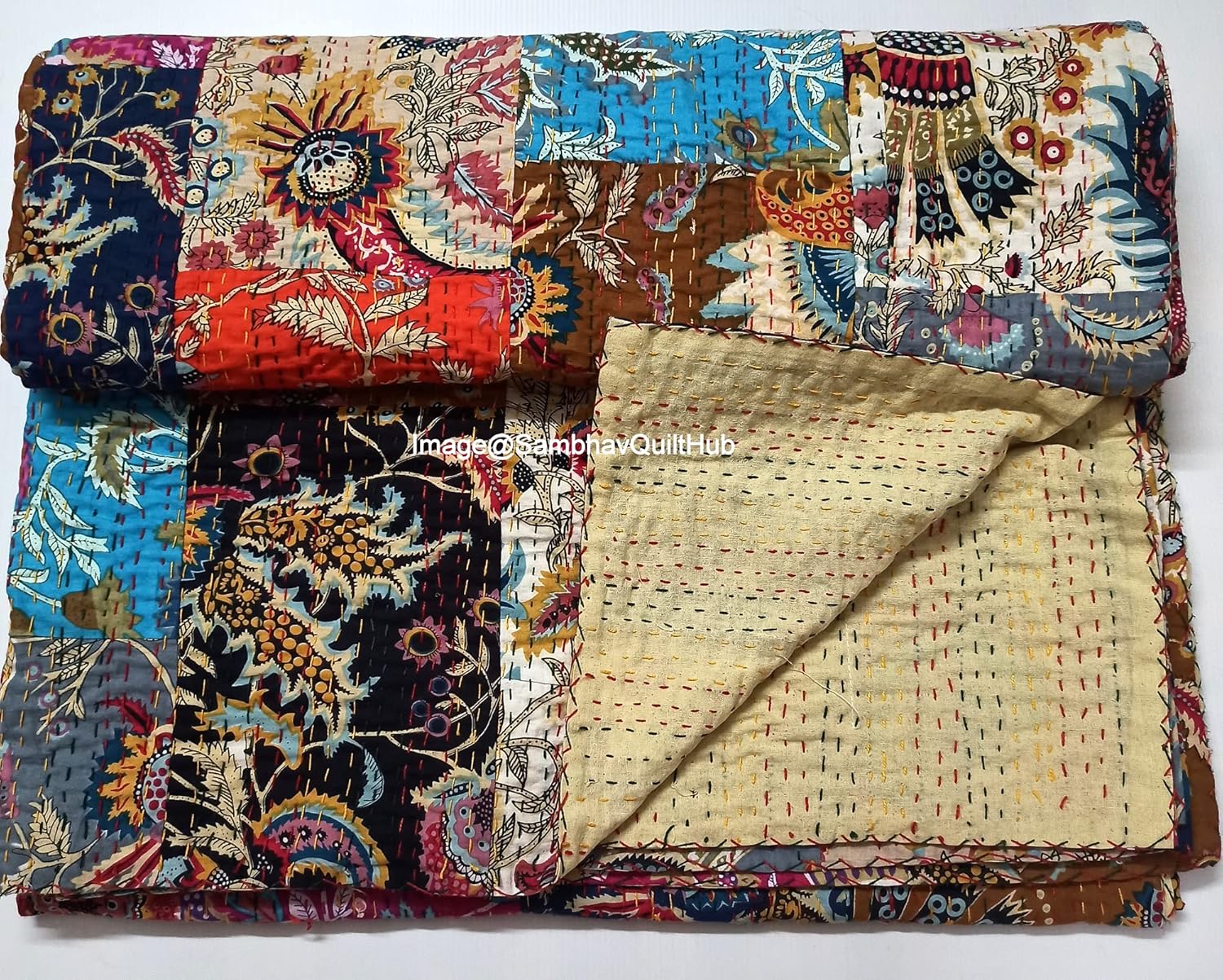 Indian Mukut Print Patchwork Cotton Handmade Kantha Quilted Blanket Indian Cotton Mukut Print Bedspread Kantha Work Bohemian Bed Decor Block Throw Blanket Quilt Twin/King/Queen (60X90 inch) - Image 4