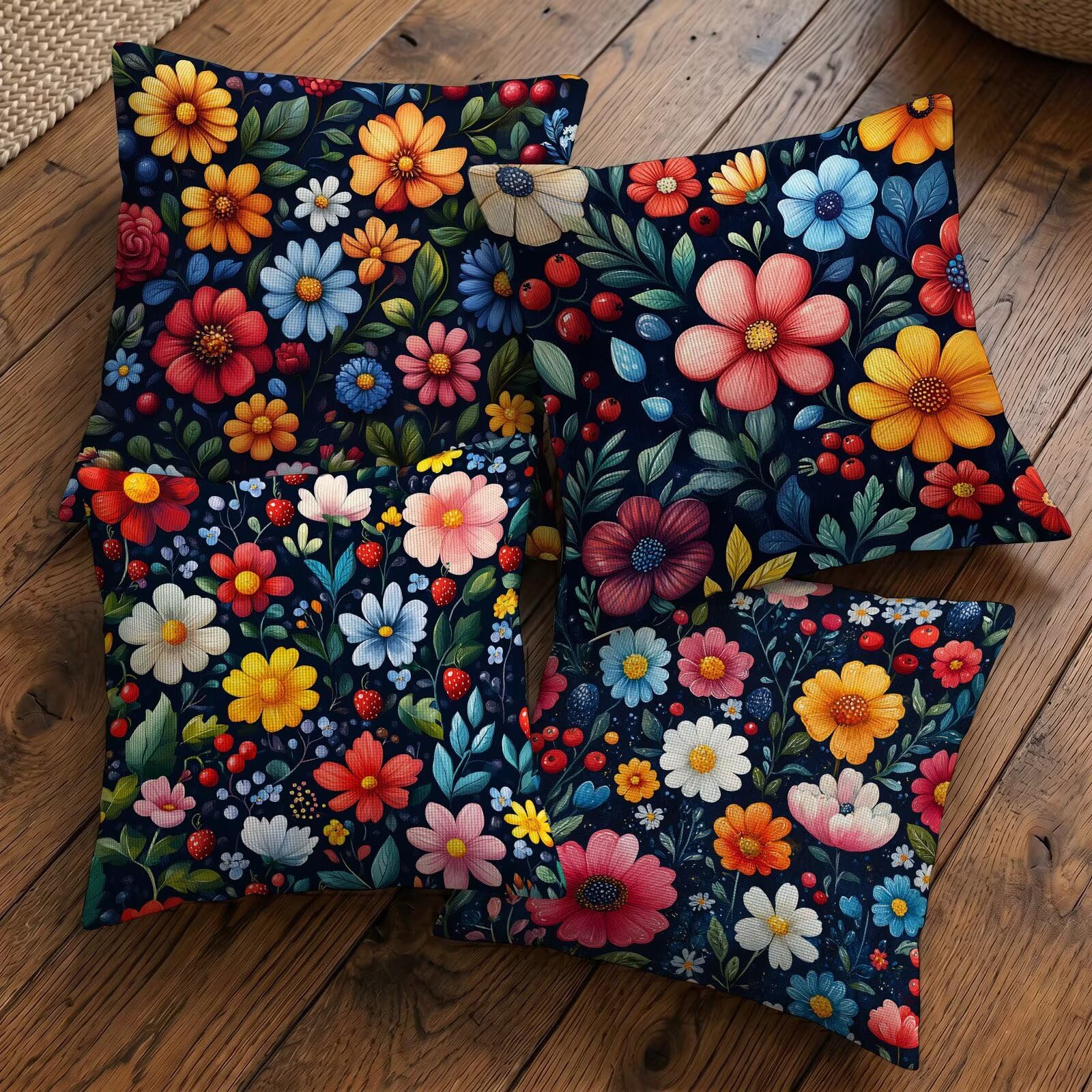 Wodoodporne poszewki na poduszki na zewnątrz kolor poszewka na poduszkę 60 x 60 cm zestaw 4 kwadratowych lniana dekoracyjna poszewka na poduszkę na sofę taras krzesło ogrodowe poduszki (dzikie kwiaty