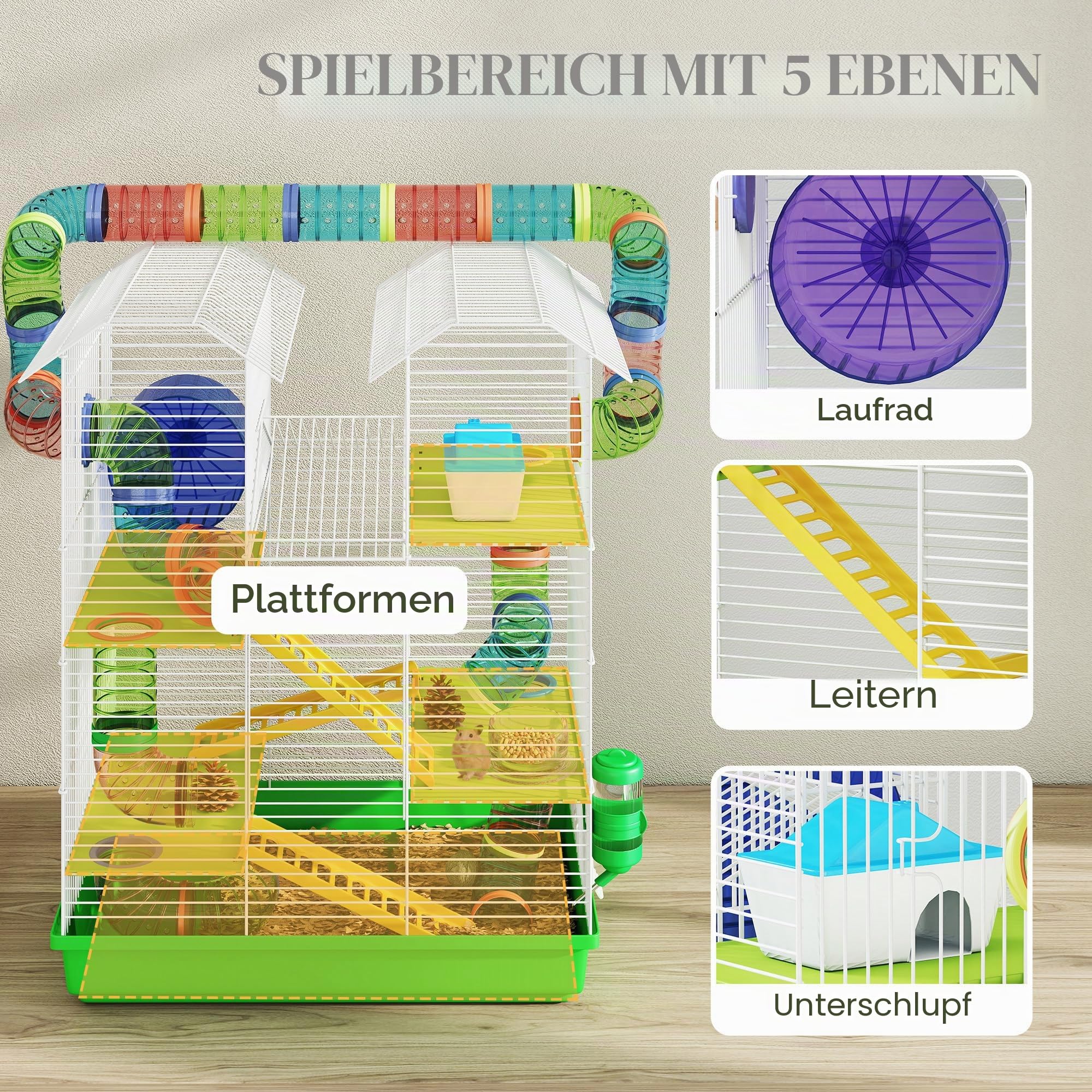 PawHut Hamsterkäfig, 5 Etagen, Transportbox für Zwergmäuse, Grün