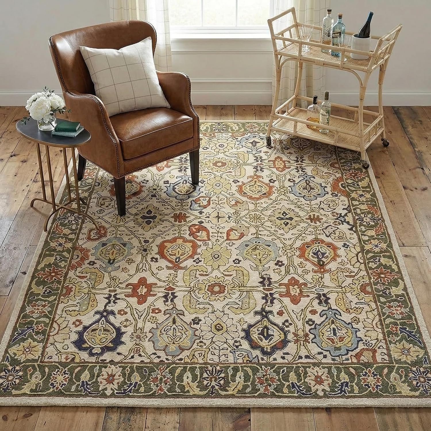 Traditional Hand-Tufted Wool Area Rug – Handmade Floral Oriental Carpet, Multicolor Pattern, Plush Thick Pile for Living Room, Bedroom, Dining Room & Office (Ivory/Green, 5' x 8')
