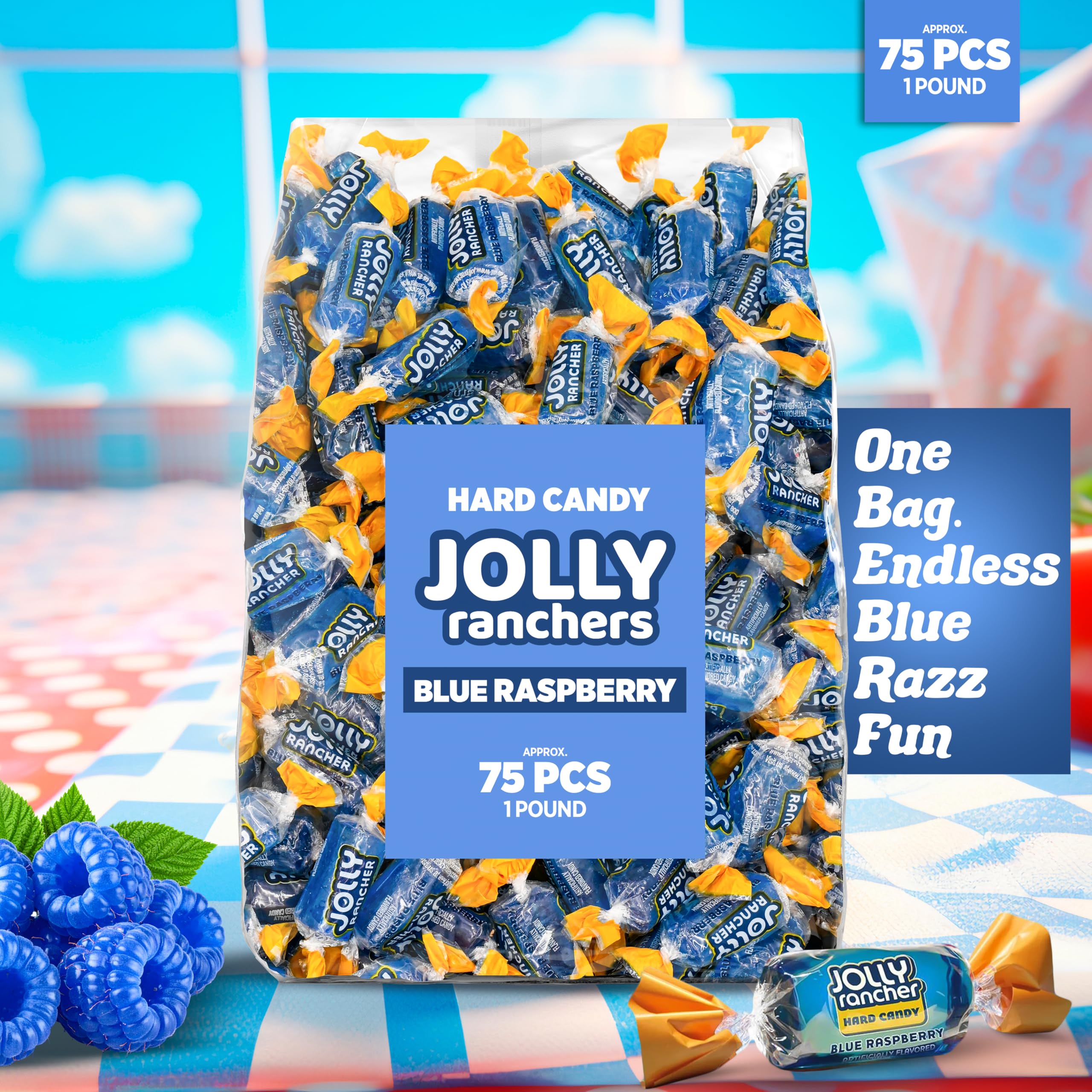 Blue Raspberry Jolly Ranchers Hard Candy – Original Flavor – 1 LB Bulk Bag (Approx. 75 Pieces) – Individually Wrapped Tart & Sweet Treats for Baby Showers, Back to School, Birthdays & Gift Bags