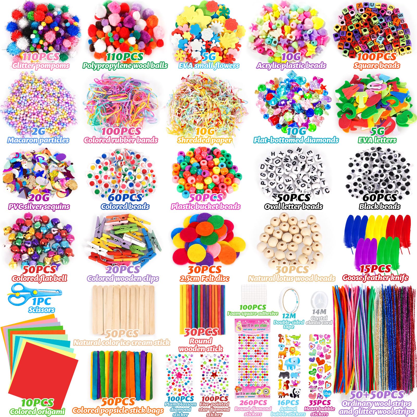 Purpledi Kit Bricolage 3600+ Activites Manuelles pour Enfants, Pipe Cleaners Crafts Set, Fournitures Éducatives, Loisirs Créatifs pour Enfants, Pompons, Yeux Gluants, Plumes，Bleu