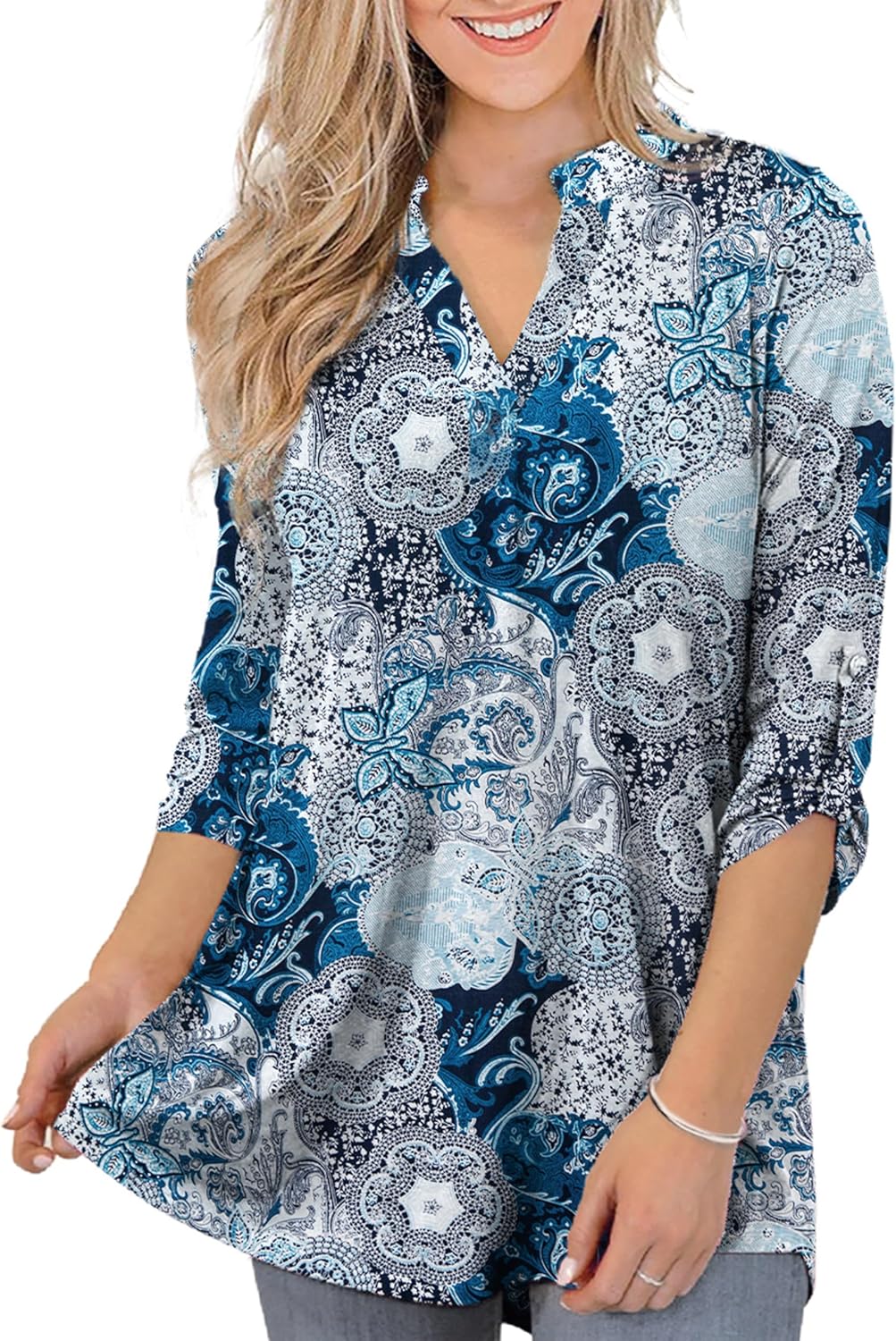 Womens Tops Dressy Casual 3/4 Sleeve Shirts Tunic Blouses Plus Size Tops for Women M-4xl Blackblue Flower Large