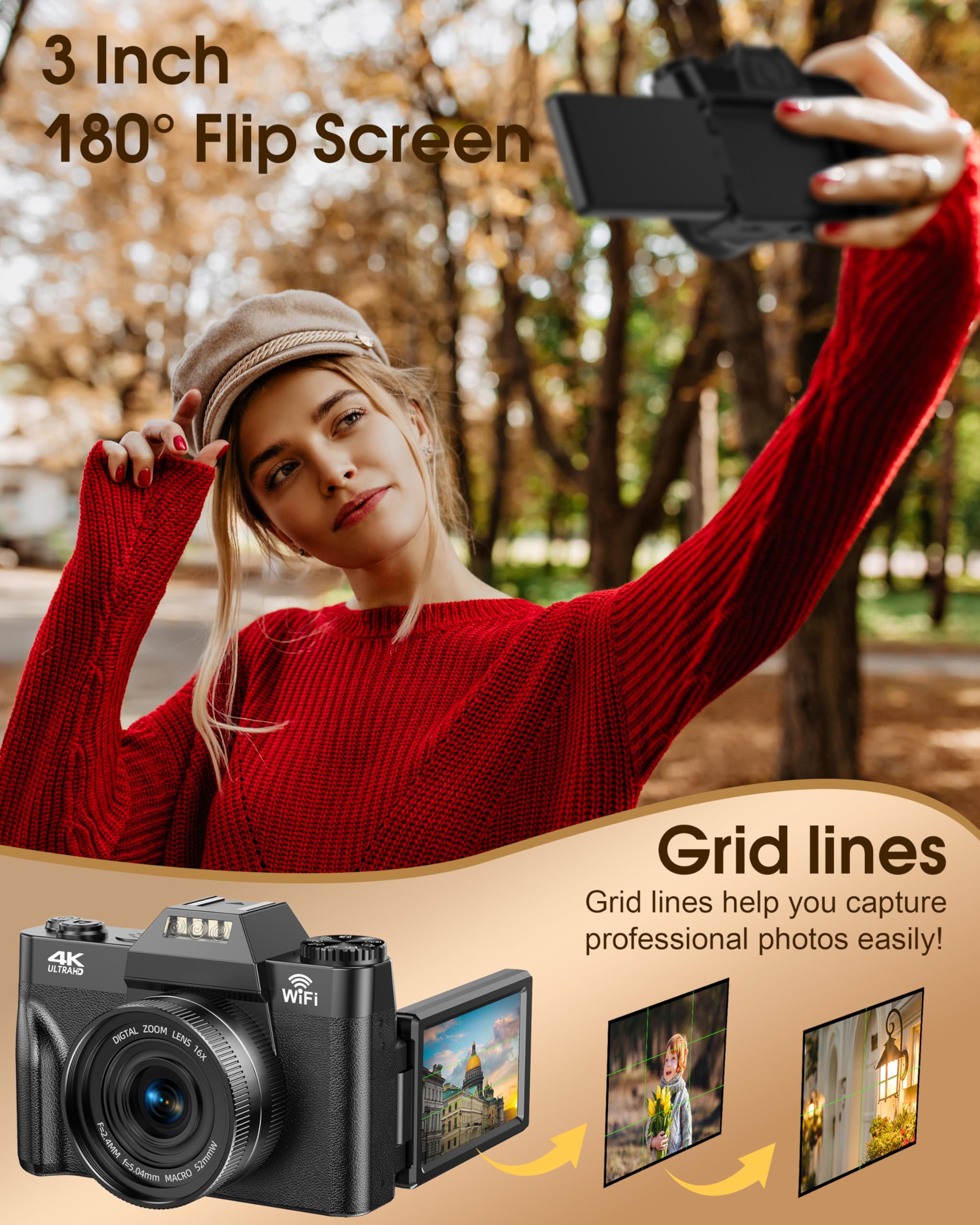 4K 75MP Digitalkamera mit WLAN & 180° Flip 3.0" Bildschirm, Autofokus Vlogging Fotoapparat mit 2X 1500mAh Batterien, Mikro-SD-Karte, Kompaktkamera für Erwachsene, Senioren & Anfänger