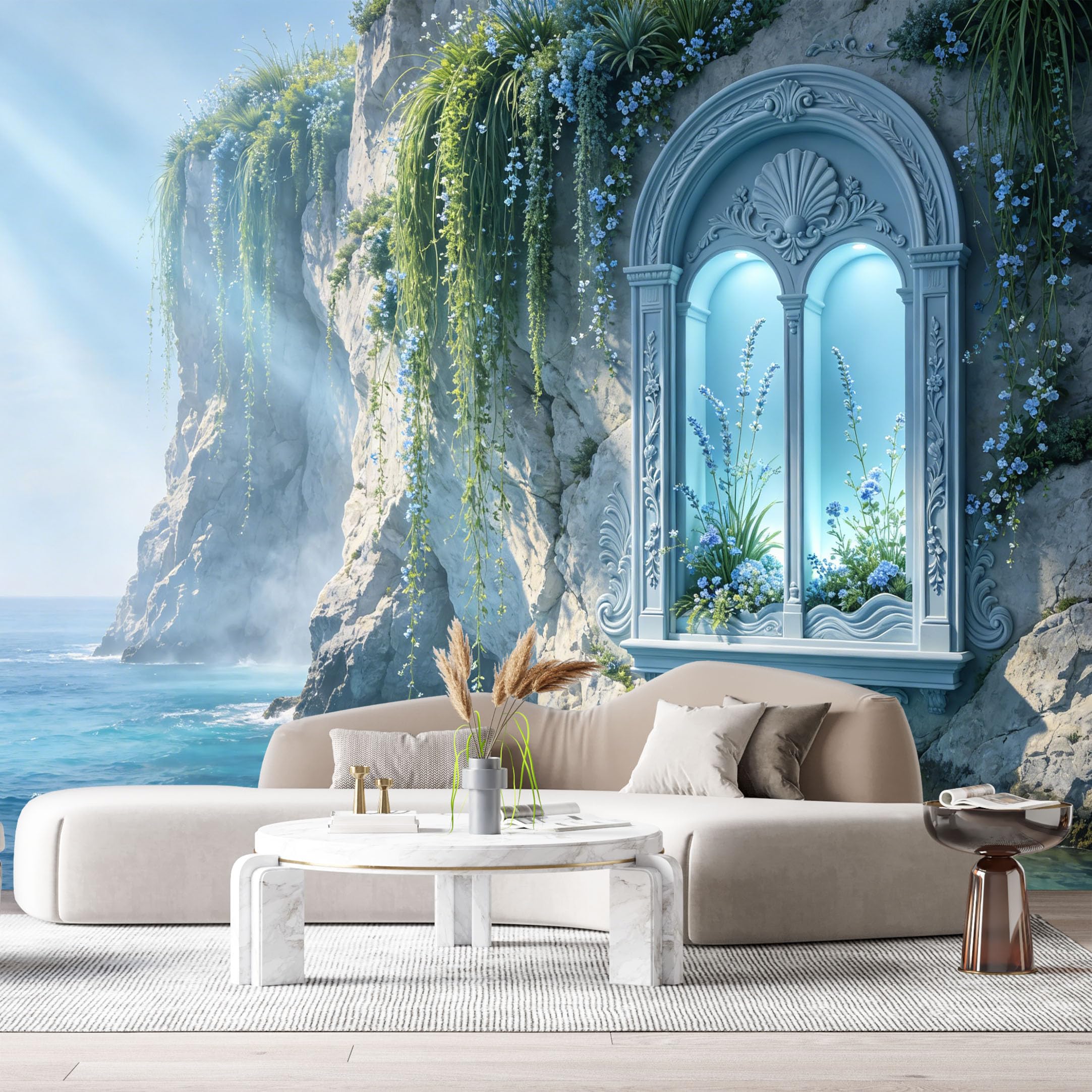 Custom Size Wall Murals Coastal Fantasy Cliff Ocean Garden 3D Trompe L'Oeil SelfAdhesiveWall Fabric Removable Wallpaper Wall Decor for Living Room Bedroom Bathroom