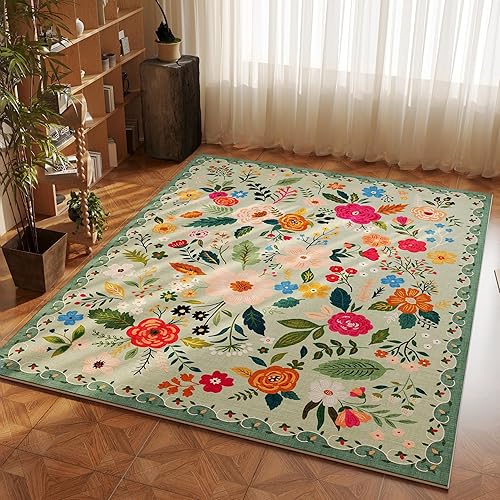 Miniatura 2 de Rugcomf Alfombra de área de 4 x 6 pies, lavable, bohemia, antideslizante, de pelo bajo, floral, pequeña alfombra para dormitorio, mesita de noche,