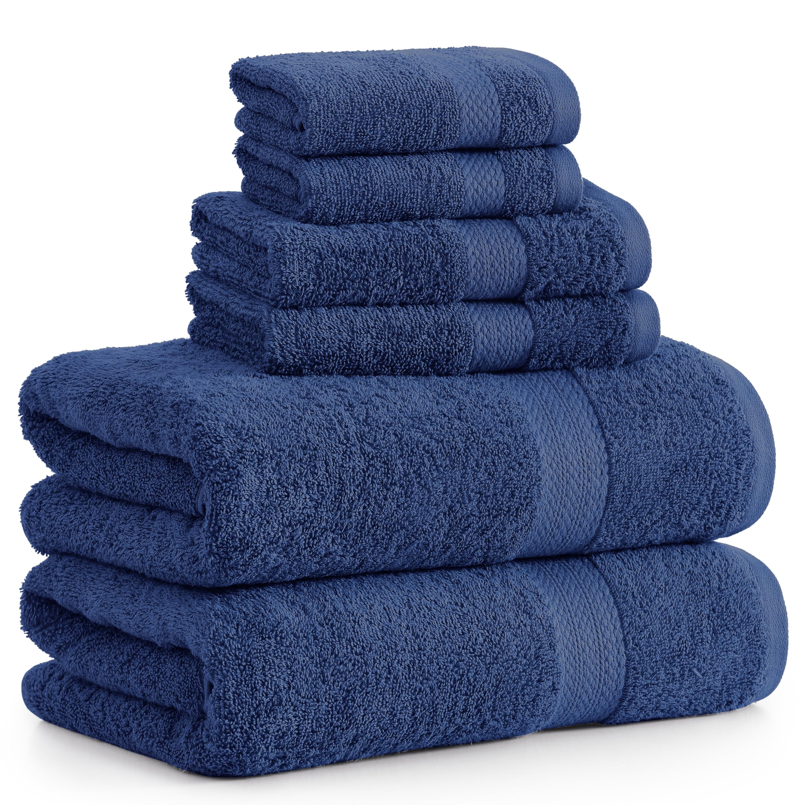 LANE LINENBath Towels for Bathroom Set - 100% Cotton 6 Piece Absorbent Towel Sets Quick Dry 2 Adults Hand Wash Cloths Navy