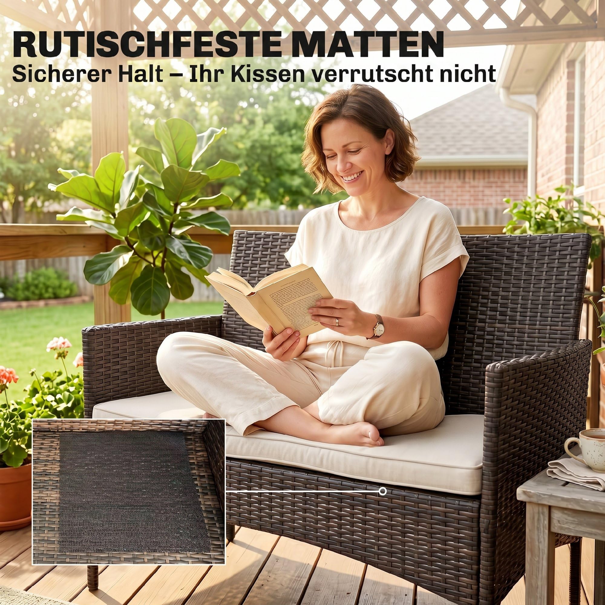 Outsunny Gartensofa 2-Sitzer Rattansofa mit Kissen Loungesofa, Wetterfest Couch für Garten Terrasse Balkon, Poly Rattan, Khaki