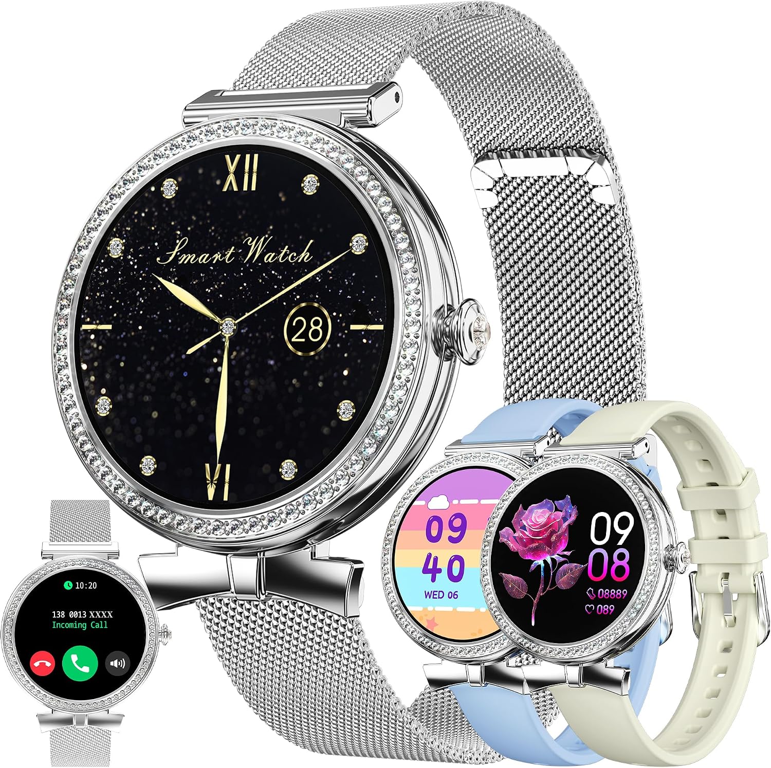 Smartwatch da donna Bluetooth chiamata e risposta in vivavoce, orologio intelligente con diamanti da 1,2 pollici con cardiofrequenzimetro, pressione sanguigna, SpO2, orologio fitness con Android iOS, regali per donna (Argento)