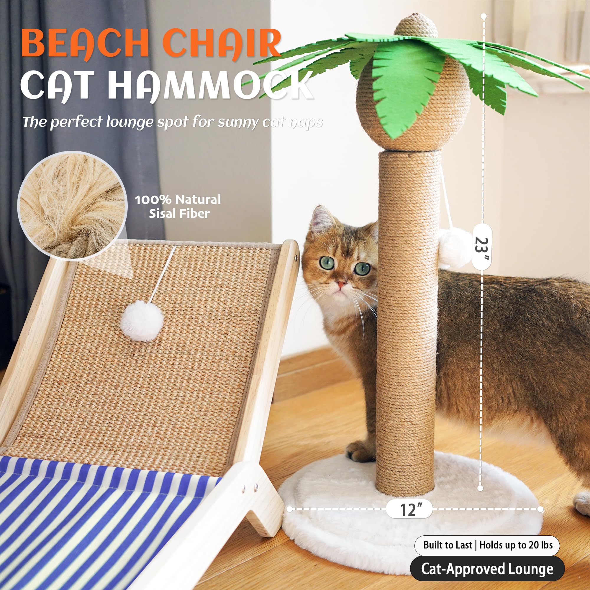 PETKARAY Hamaca para gatos con poste rascador de palmera de coco, acogedora silla de playa elevada, tumbona original para gatos de interior