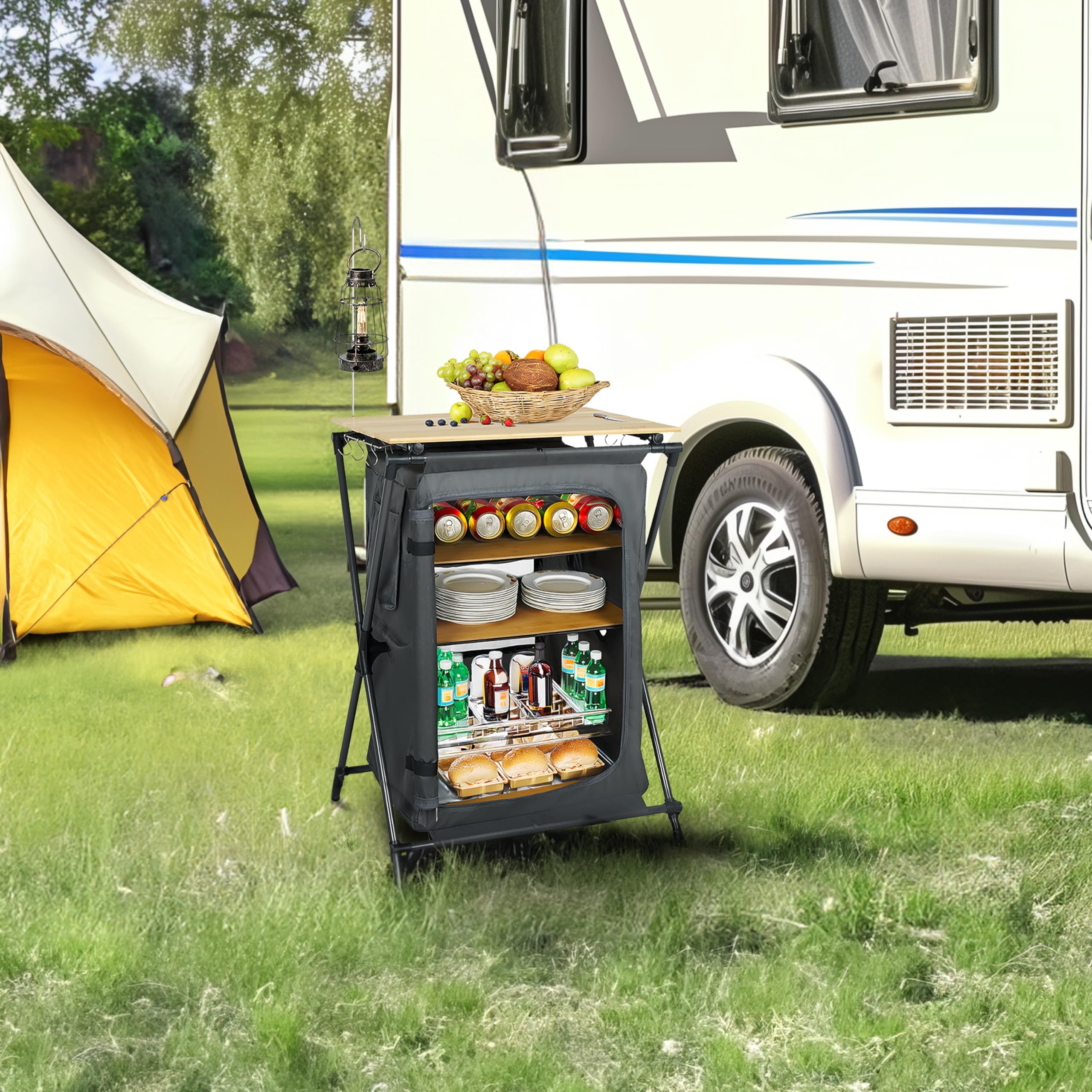 Finnhomy Armadio portatile da campeggio con 4 ripiani, con supporto leggero, con borsa per il trasporto, tavolo da campeggio con contenitore per il trasporto, supporto 30 kg, grigio