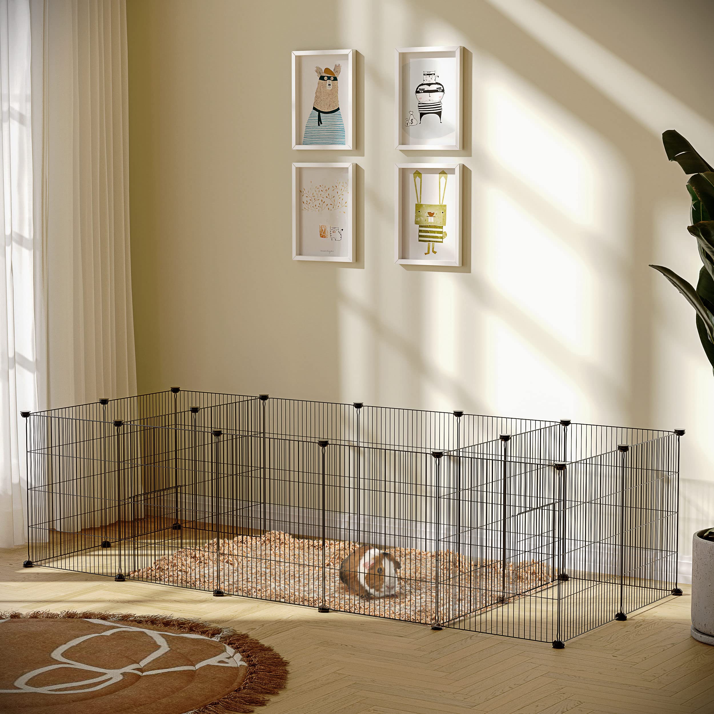 PawHut Cage pour cochons d'Inde, clôture pour Petits Animaux, 18 pièces avec Porte pour extérieur et intérieur 175 x 70 x 45 cm, Noir