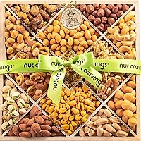 Vista 1 de NUT CRAVINGS - Cesta de regalo de nueces mixtas de Pascua en bandeja reutilizable de madera de diamante + cinta verde (12 surtidos) regalos
