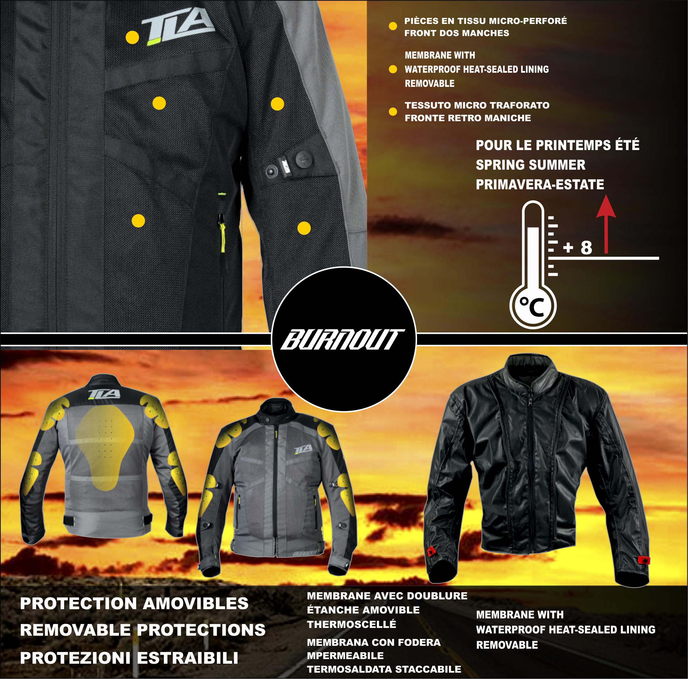 TLA BURNOUT Blouson moto homologué CE classe A, membrane imperméable amovible. Tailles jusqu'au 7XL homme et femme. Veste moto, mi-saison été, printemps, automne, protection, respirante