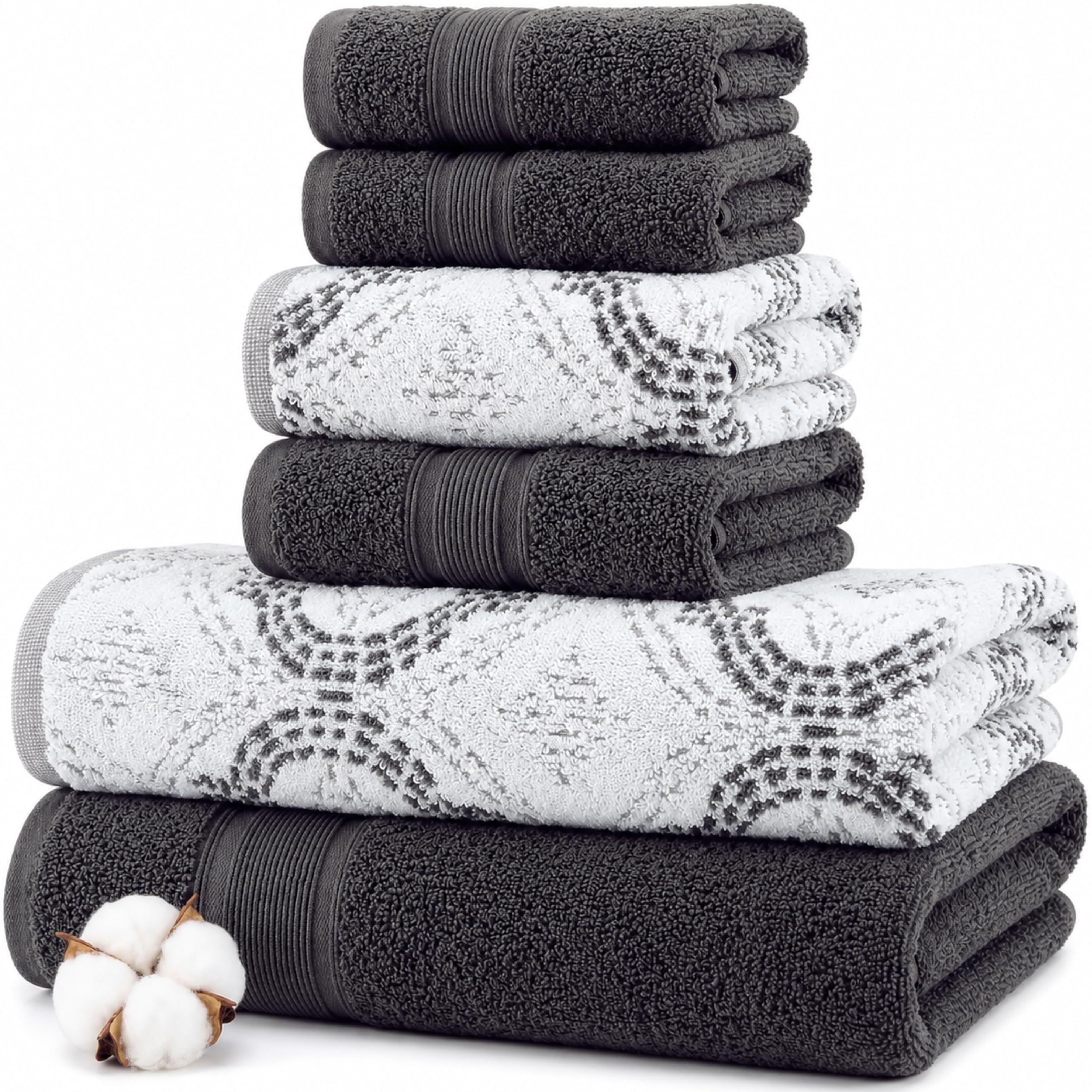 Modern Threads Capri Wende-Handtuchset aus garngefärbtem Jacquard, 6-teilig, Badetücher, Handtücher und Waschlappen, sehr saugfähig und schnell trocknend, 100% gekämmte Baumwolle, Anthrazit