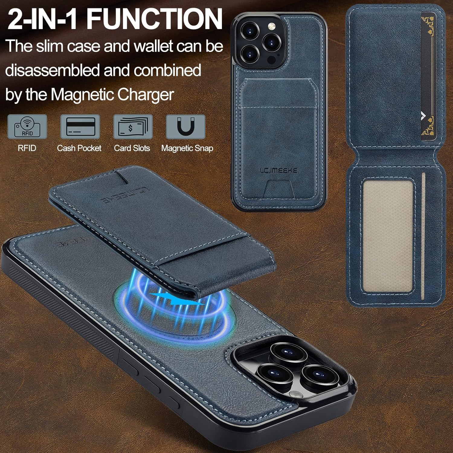 SZHAIYU L3 2 in 1 Detachable Leather Wallet and Phone Cases Compatible with iPhone 14 Pro Max Case with Card Holder RFID Blocking, Compatible with Magsafe Charging 6.7 Kickstand (Blue, IP 14 Pro Max) - Image 8