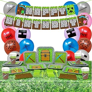 Blue Orchards Mining Fun Ultimate Party Supplies Pack (123 Pieces for 16 Guests) - Gamer Party Supplies, Gamer Birthday Decorations, Mining Craft Party, Pixel Miner Party, Gamer Birthday Party