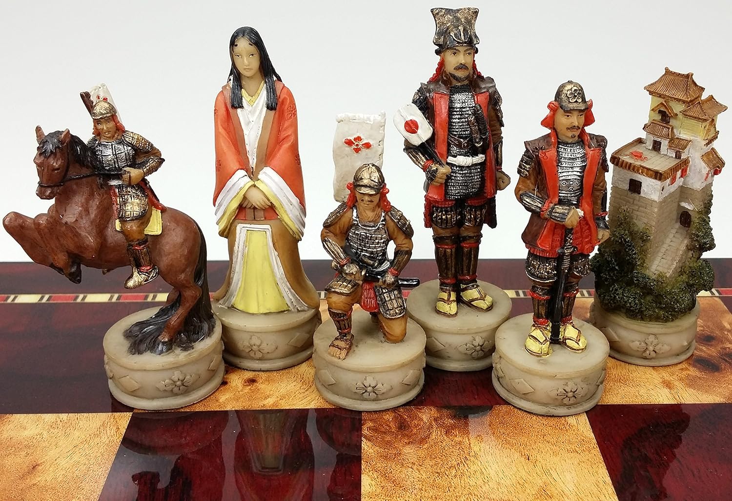 Japanese Samurai Warrior Oriental Chess Set W/ High Gloss Cherry & Burlwood Color Storage Board 17"