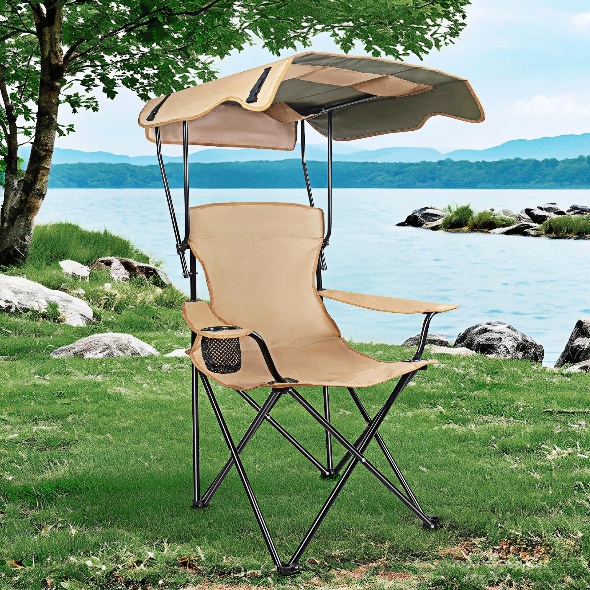 Portable Camping Chair with Canopy, Beach Chair with Canopy Shade, Lightweight Folding Camping Chairs with UPF 50+ Sun Shade, Arms & Cup Holder, for