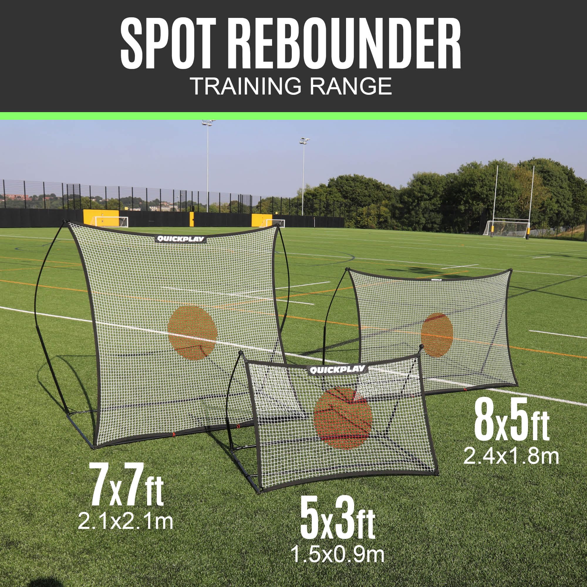 QUICKPLAY - Foco de rebote de fútbol (2,4 x 1,5 m) | Entrenamiento de balón multideportivo – Aplicación de entrenamiento eCOACHE | Red rebozadora de balón para control y precisión (3 tamaños)