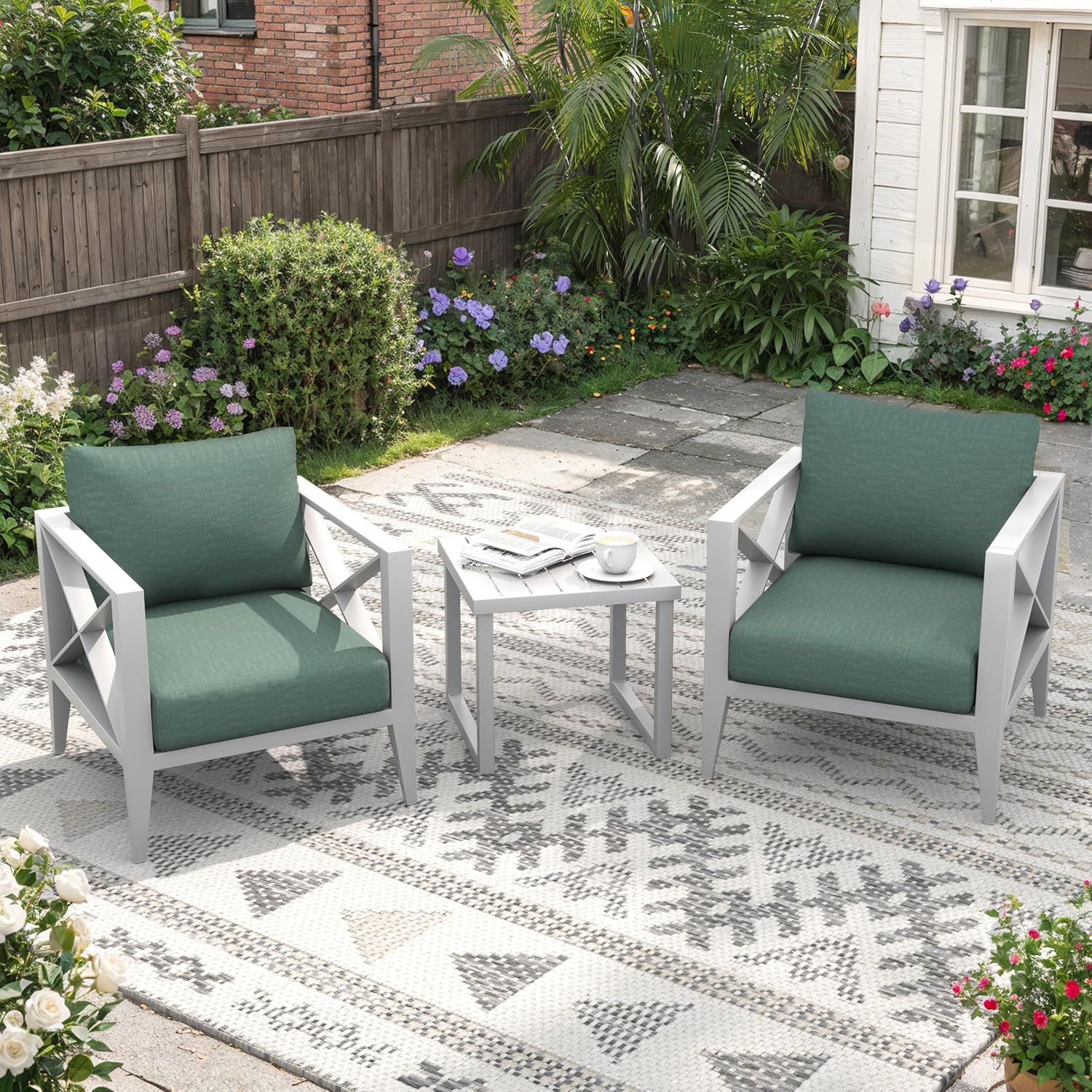 Aluminum Outdoor Patio Furniture Set with 5.2" Thick Cushions, 3-Piece Outdoor Sectional with Coffee Table, Patio Conversation Sets for Backyard,(White,2 Seats)