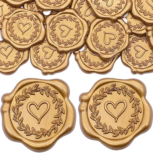 SWANGSA 50 calcomanías de sello de cera de corazón con rama de olivo, sellos de sobres de invitación de fiesta de boda de oro antiguo, calcomanías