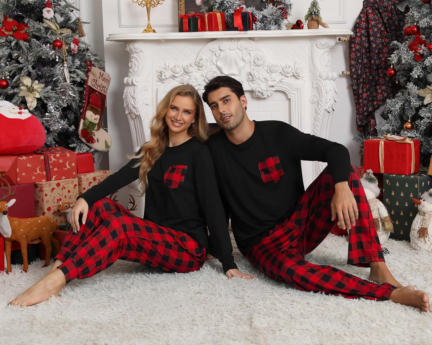 Christmas Pajamas Set Women & Men 2 Piece Buffalo Plaid Pajama Pants Fleece Tops For Couple & Family PJs Loungewear - Image 3