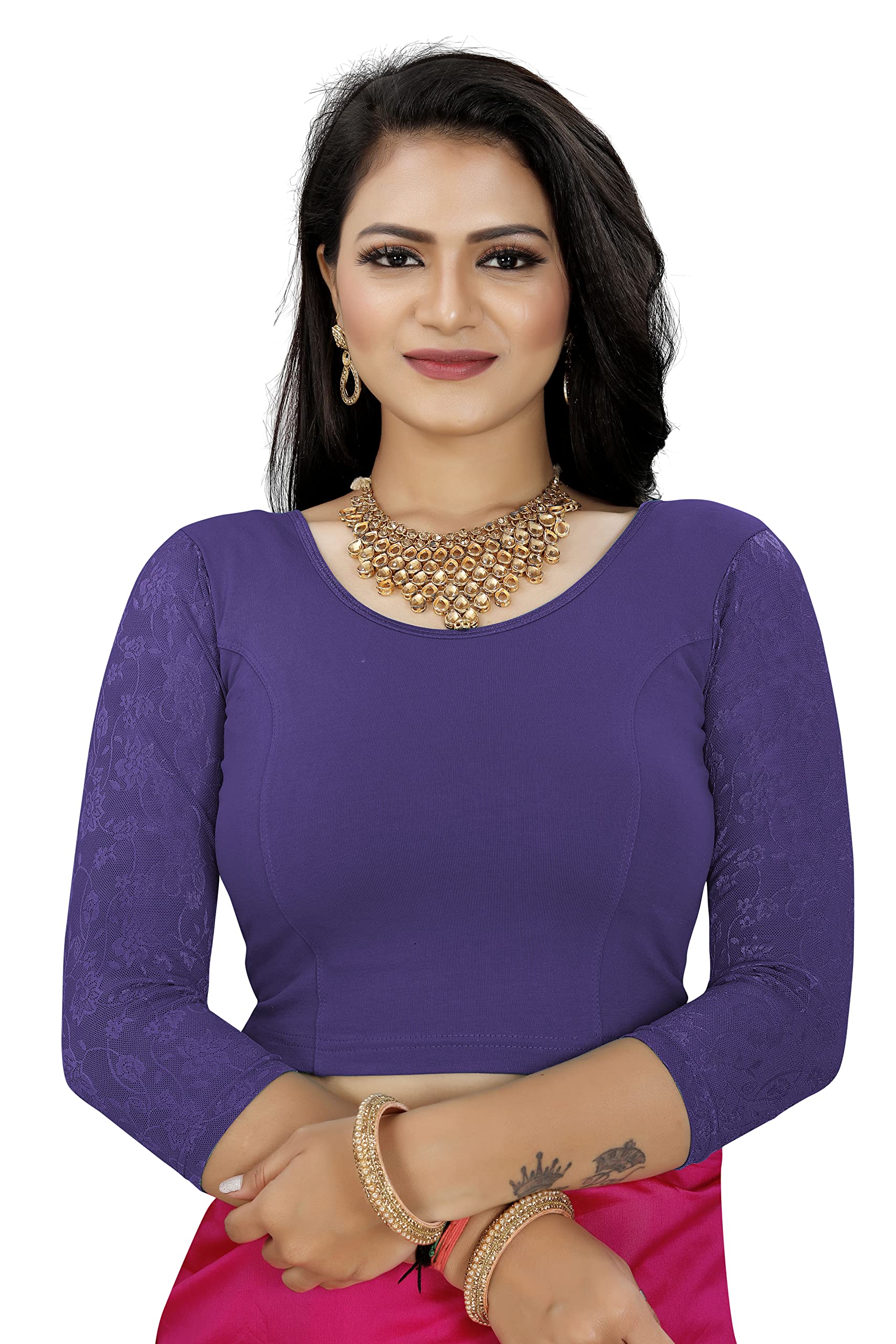 KNETLIWomen's Stretchable Readymade Lycra Beige Indian Ethnic Saree Blouse Crop Top Choli