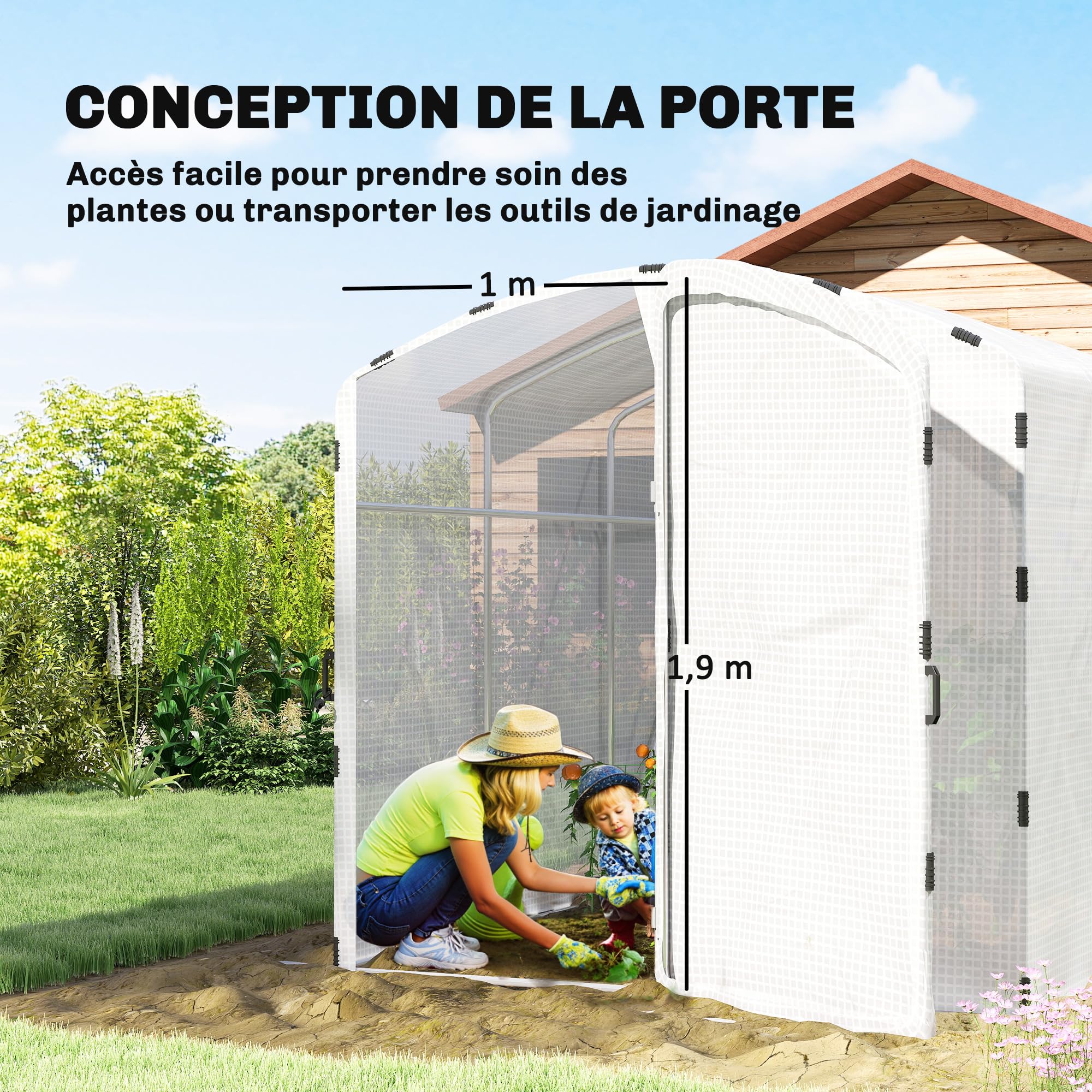 Outsunny Serre Tunnel de Jardin 6m², Serre de Jardin Tunnel 300x200x195cm bâche PE 220g/m², Bords prolongés 50 cm, avec Porte, pour extérieur, Toutes Saisons, légumes, Fruits, Fleurs, Blanc