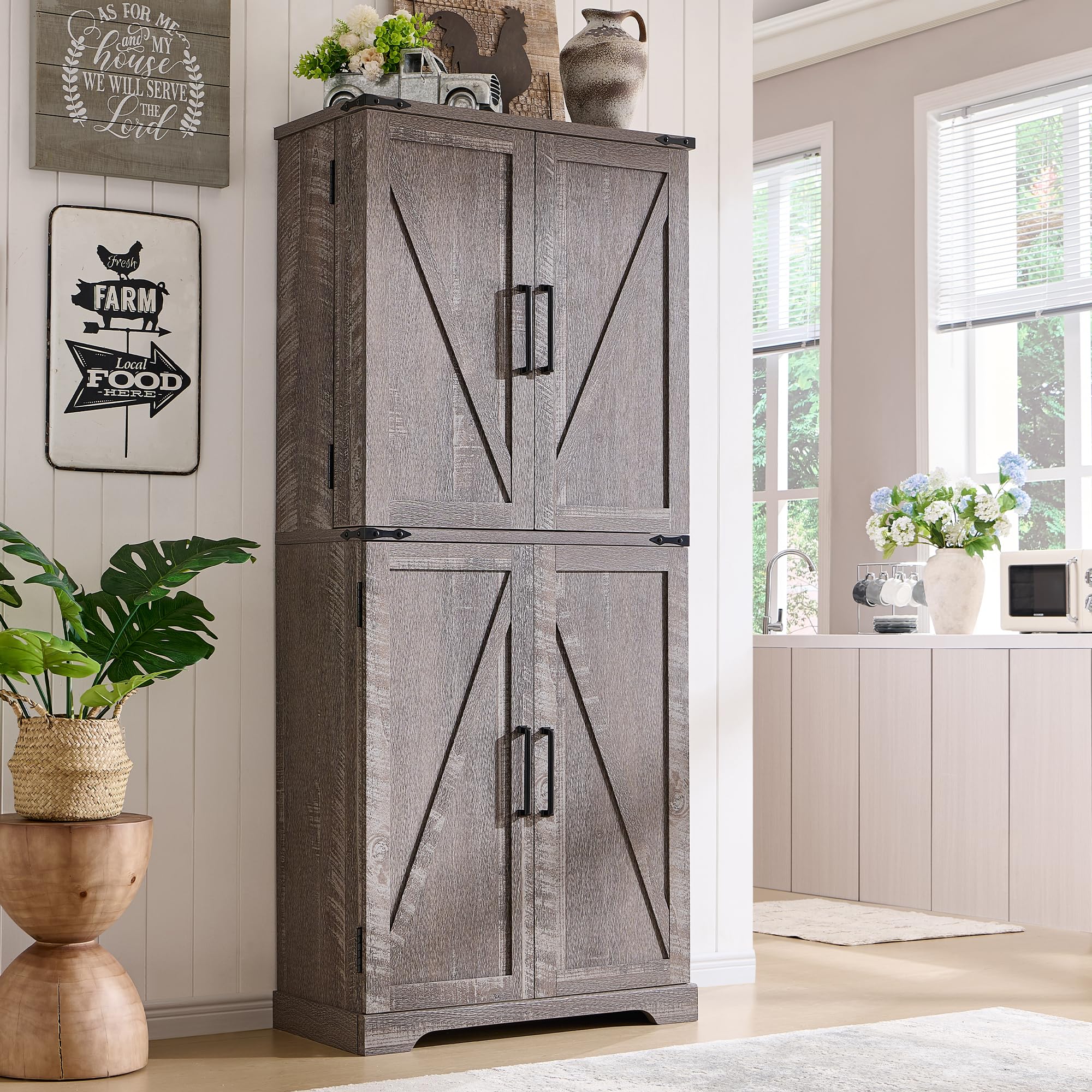 72" Tall Kitchen Pantry, Farmhouse Storage Cabinet with Barn Doors, Organizer, Drawer and Adjustable Shelves, Rustic Wood Cupboard for Kitchen, Dining Room, Bathroom and Hallway, Rustic Grey