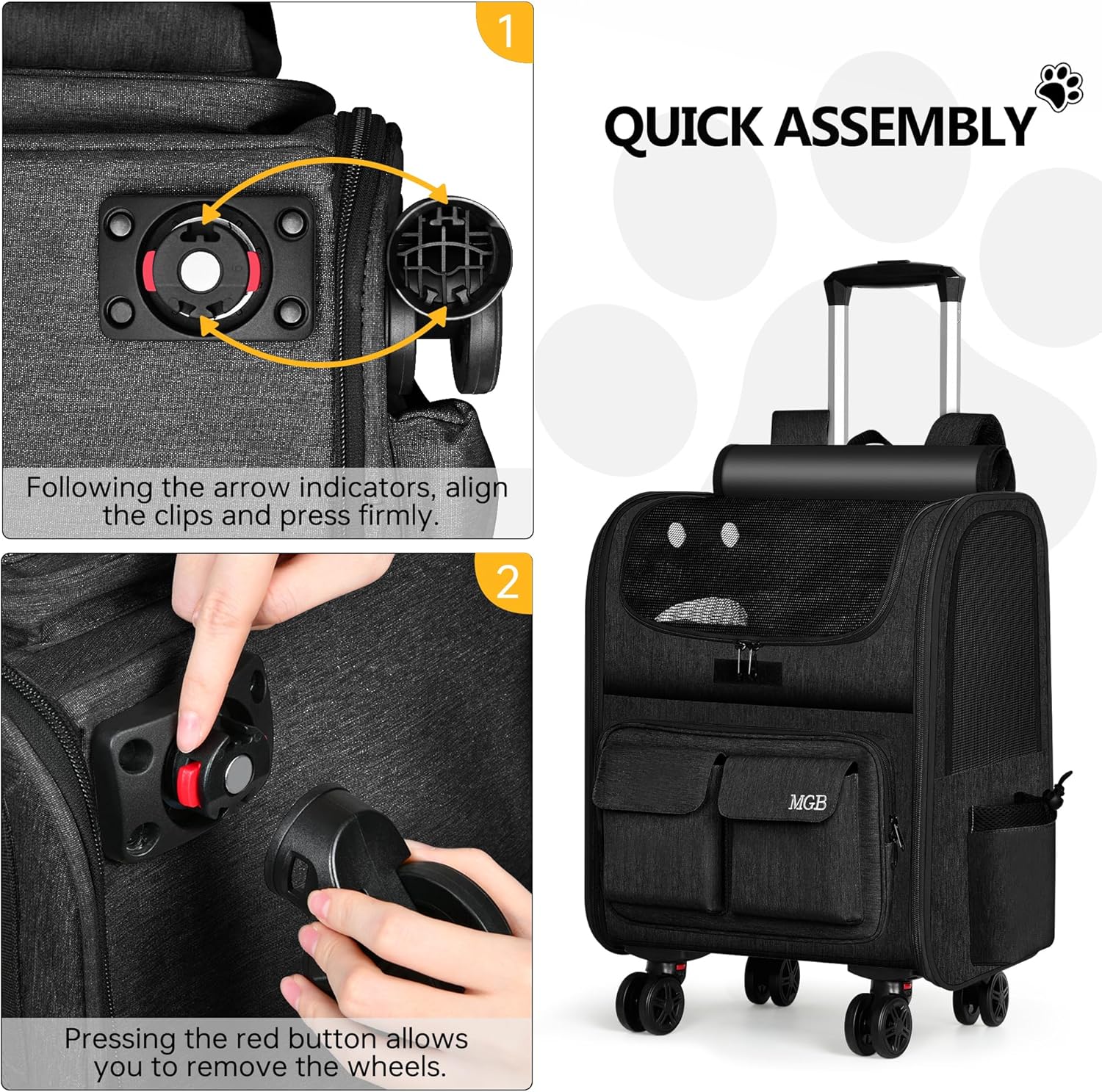 MGB Rolling Cat Carrier with Wheels: Dog Carrier for Small Dogs & Large Cats, Large Cat Carrier with YKK Zipper, Large Capacity, Breathable Mesh, Side Pocket, Black (Not for Airline)