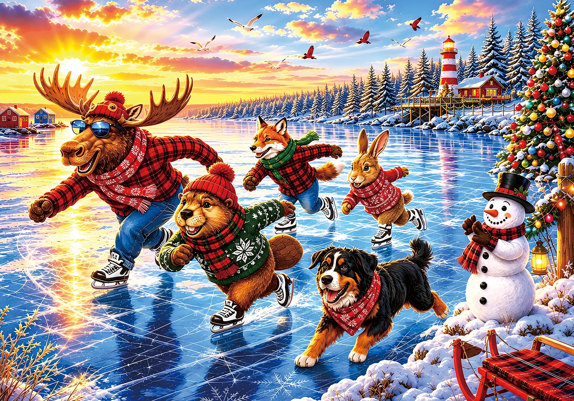 Puzzle 2000 pezzi per adulti, animali di Natale pattinaggio su ghiaccio