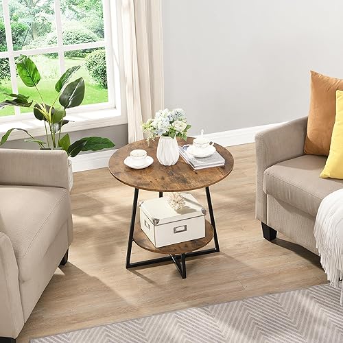 Miniatura 4 de D&H FURNIMMT Mesa auxiliar de sala de estar de 20 pulgadas para espacios pequeños, mesas auxiliares redondas de madera de 2 niveles con estante de
