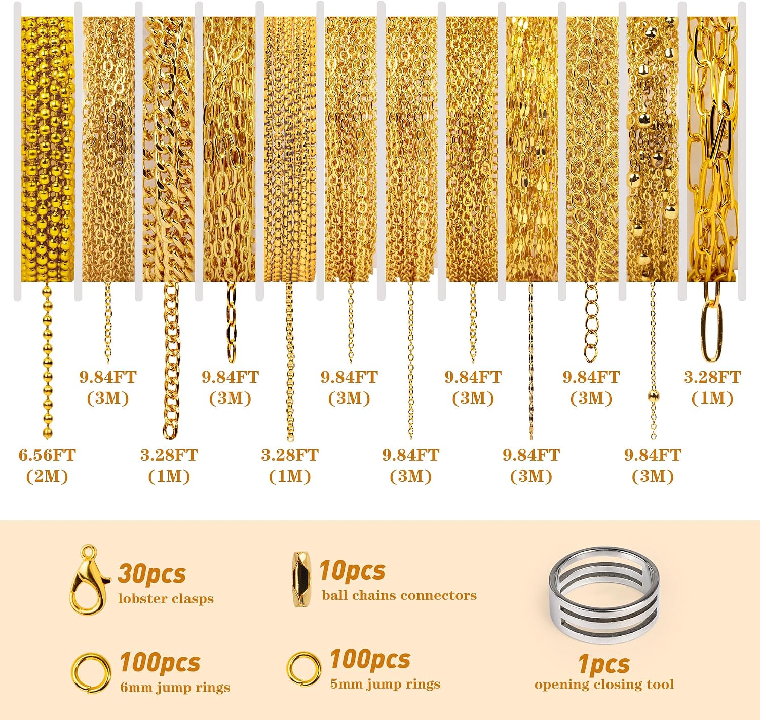 Starry 18K Gold Necklace Chains for Jewelry Making 95.1 Feet 12 Rolls Jewelry Making Chains Gold Permanent Jewelry Chain with Lobster Clasp and Jump Rings for DIY Bracelet Necklace Making