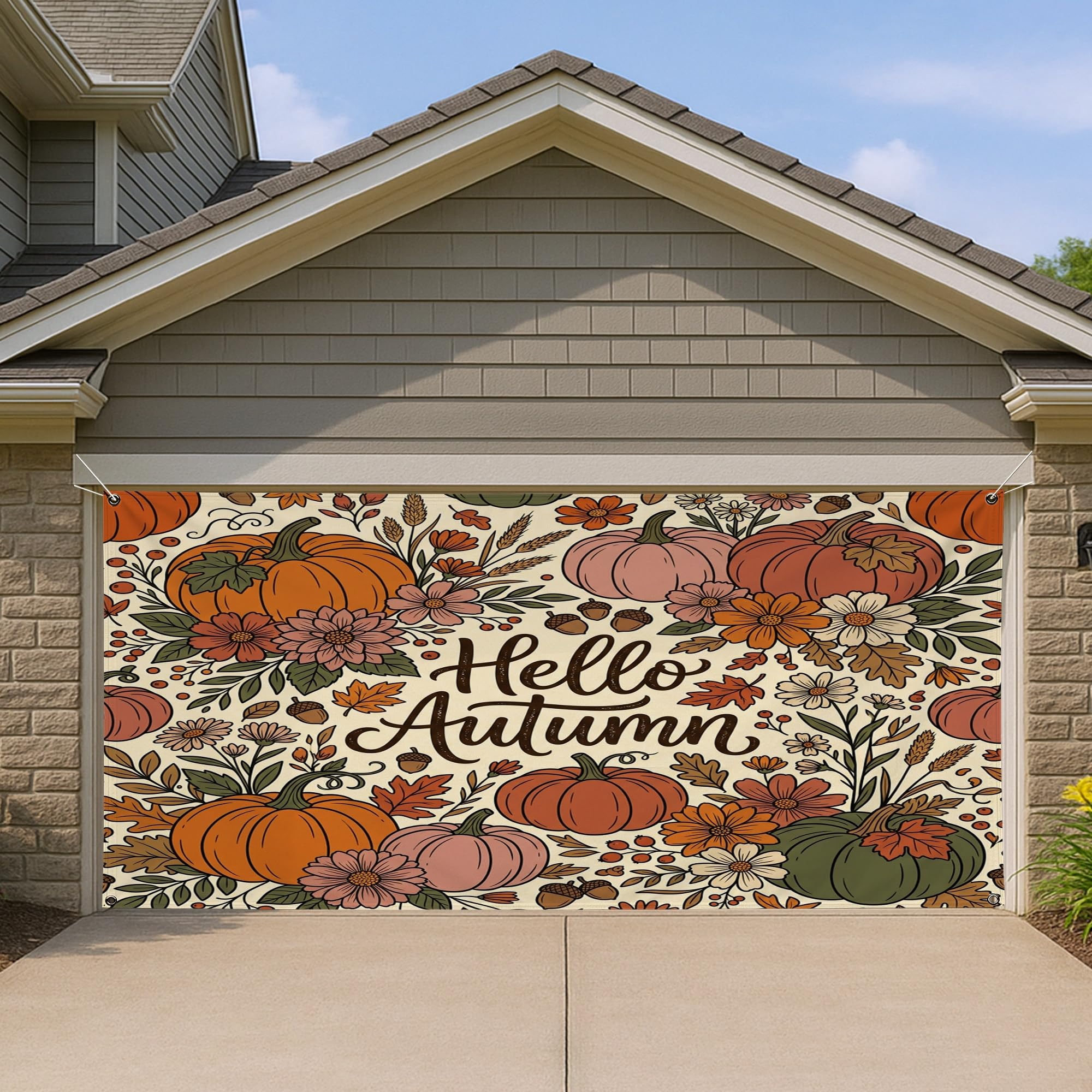 Cubierta para puerta de cochera que renueva fachadas antiguas con estilo floral de Acción de Gracias