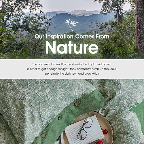 Miniatura 7 de Grassix Funda de edredón Queen  Juego de funda de edredón de mezcla de algodón y lino, funda de edredón jacquard verde floral tamaño Queen para