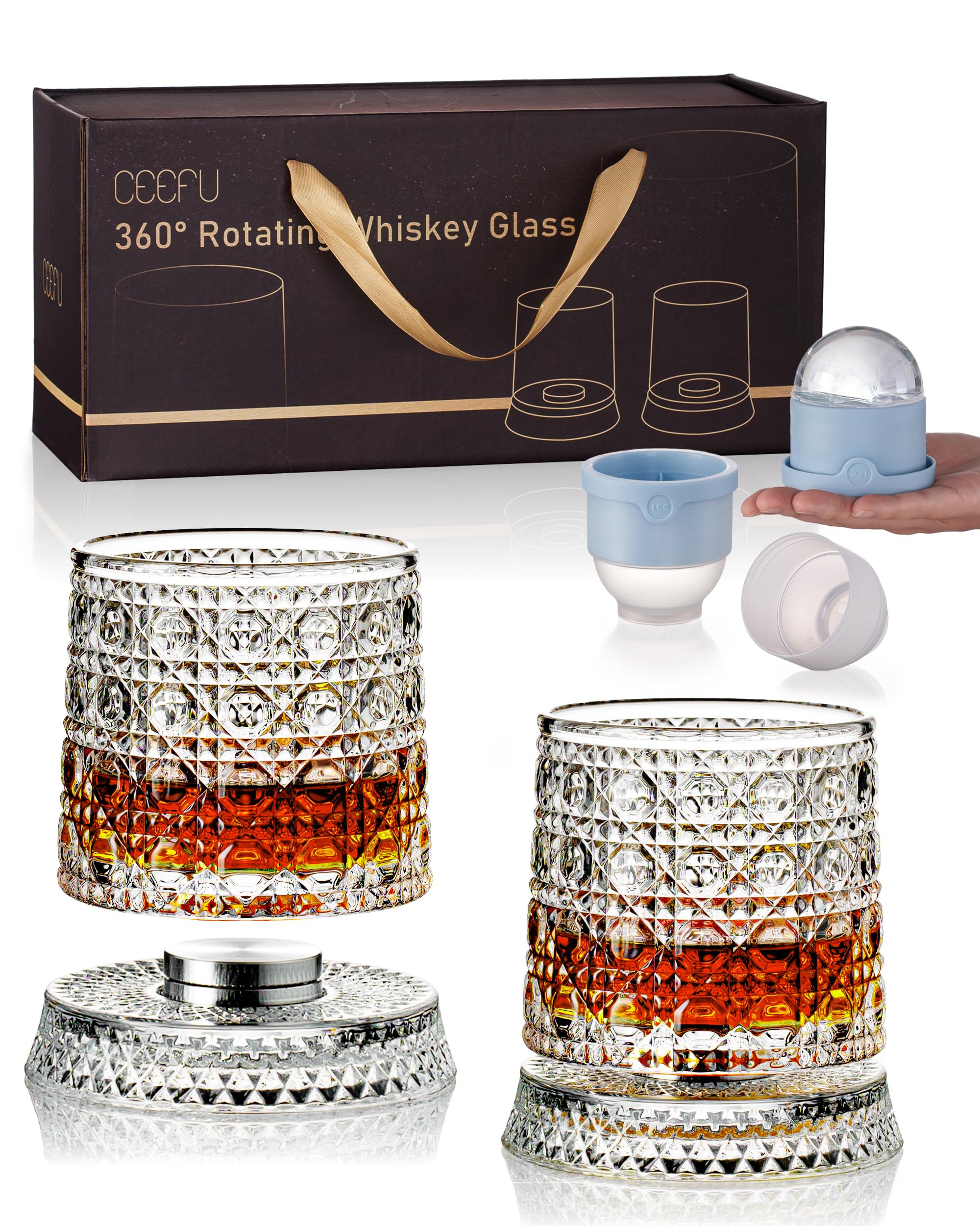 CEEFU Old Fashioned Whiskey Glasses with 360° Rotating Base, Set of 4 (2 Crystal Glasses Set, 2 Big Ice Ball Molds) In Gift Box - Bourbon, Cocktail, Rocks, Bday Gifts Ideas for Men, Gem Pattern-image-15