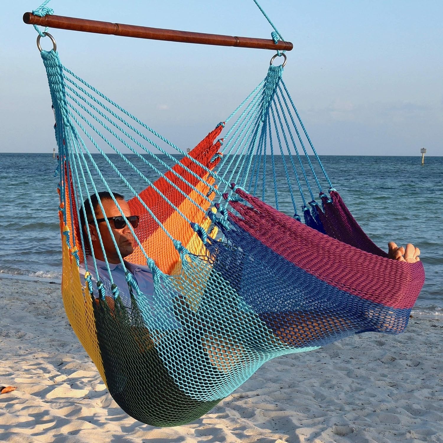 Jumbo Caribbean Hammock Chair with Footrest - 55 inch - Soft-Spun Polyester - Rainbow