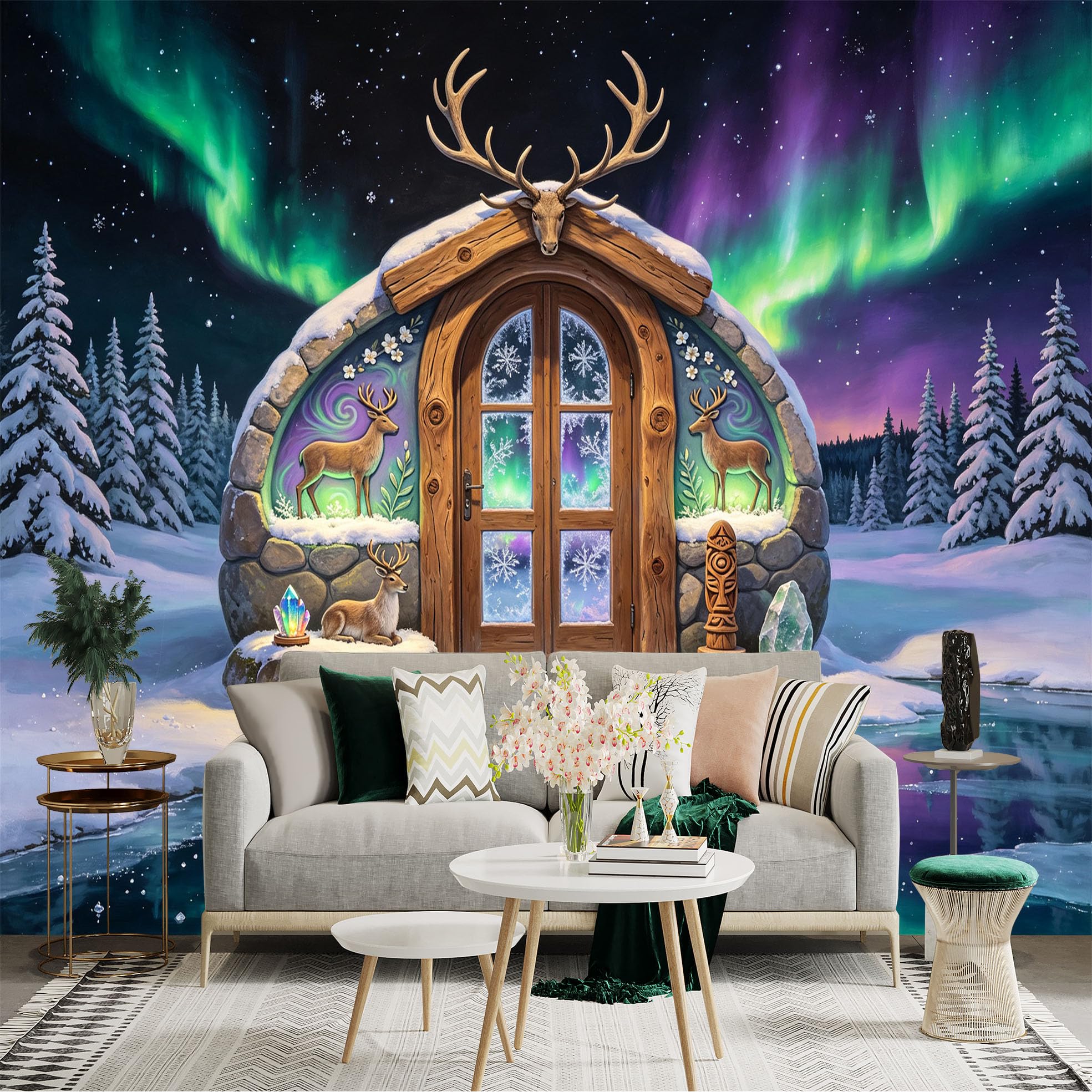 Custom Size Wall Sticker Mural， Aurora Snowy Cabin with Reindeer and Winter Forest， for wall Decoration， peelandstick wall Decals.