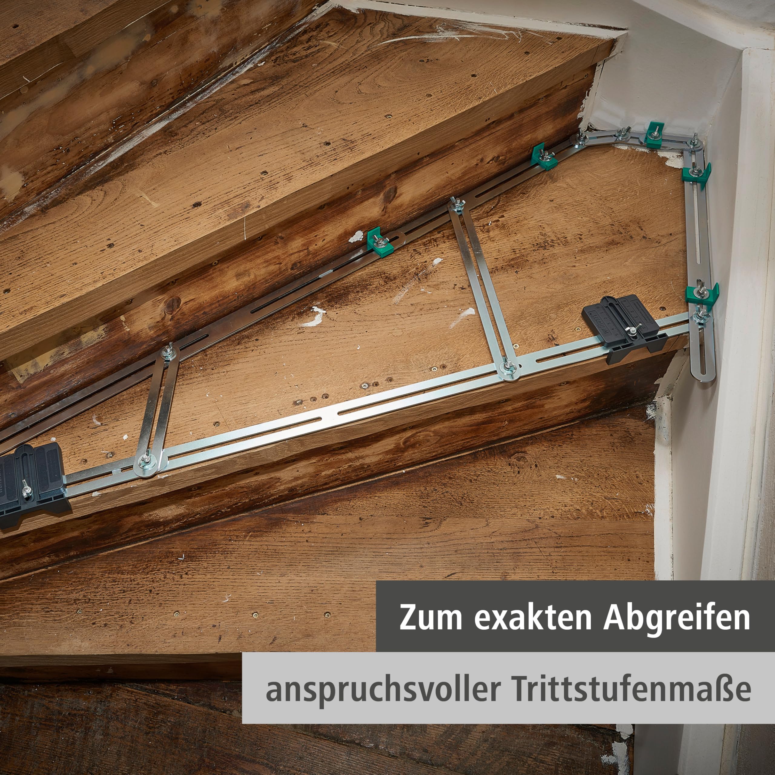 wolfcraft Treppenlehre – Winkelmesser & Schablone für Treppenbau | Treppenspinne & Winkelschmiege kombiniert – für Wendeltreppen, Dehnungsfugen & Materialzugaben – Metall, Made in EU - 5210000