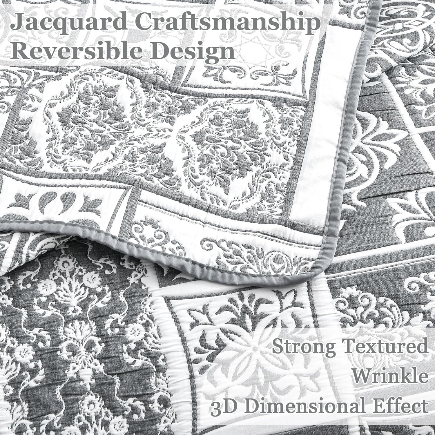 Asuexpect 3 Piece Grey Patchwork Bedspread Sets King Size, Boho Reversible Jacquard Bedding Set for All Season, Soft Lightweight Comforter Bedspread Coverlet Set (106''x96'') with 2 Shams