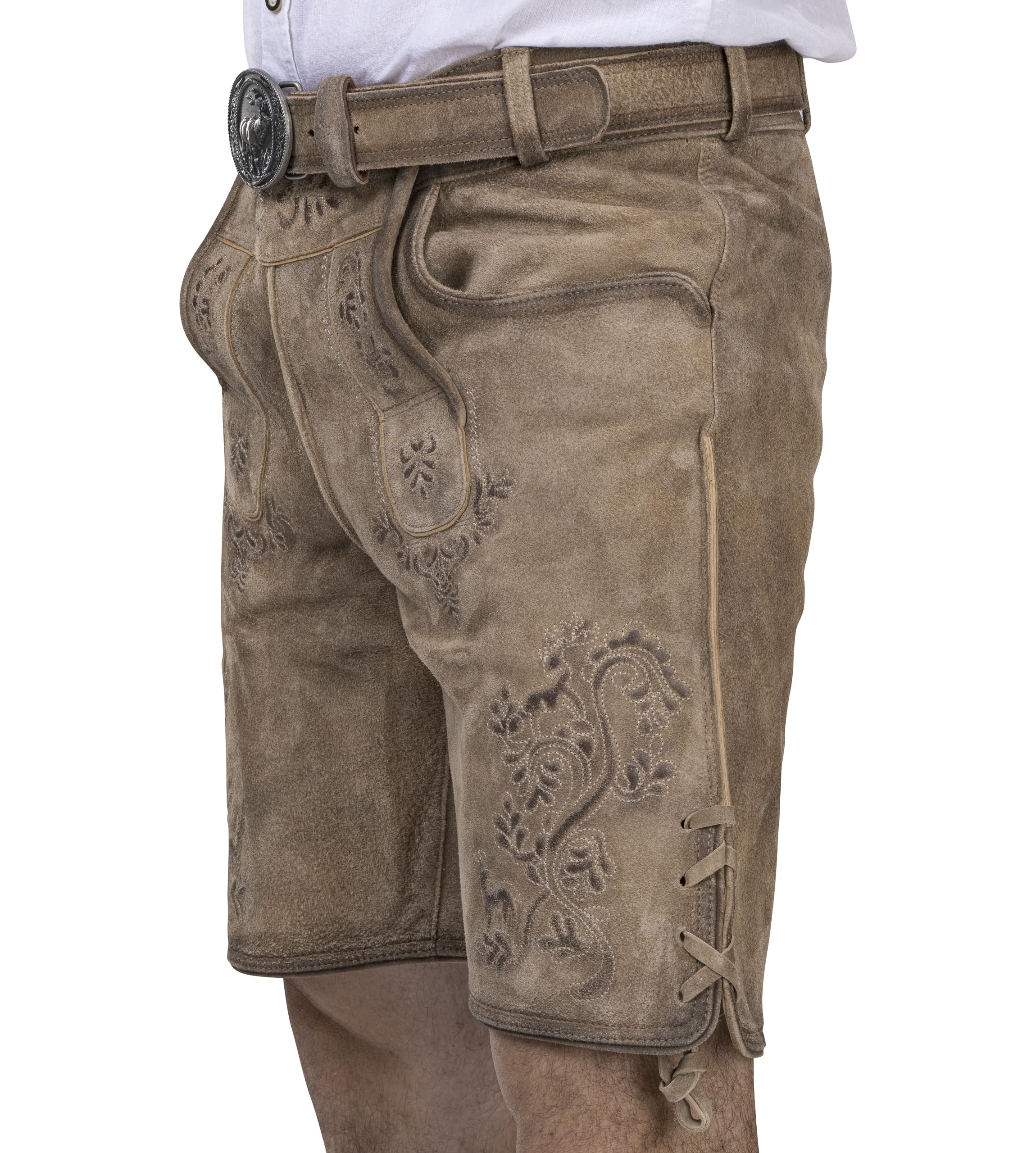 Schöneberger Trachten Couture Herren Lederhose kurz mit Trachtengürtel -Traditionelle Trachtenhose für Oktoberfest aus Original Nubukleder